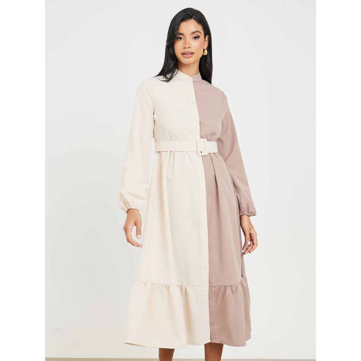 فستان ميدي بنمط كتل الالوان مع حزام-women-clothing-dresses-image-2