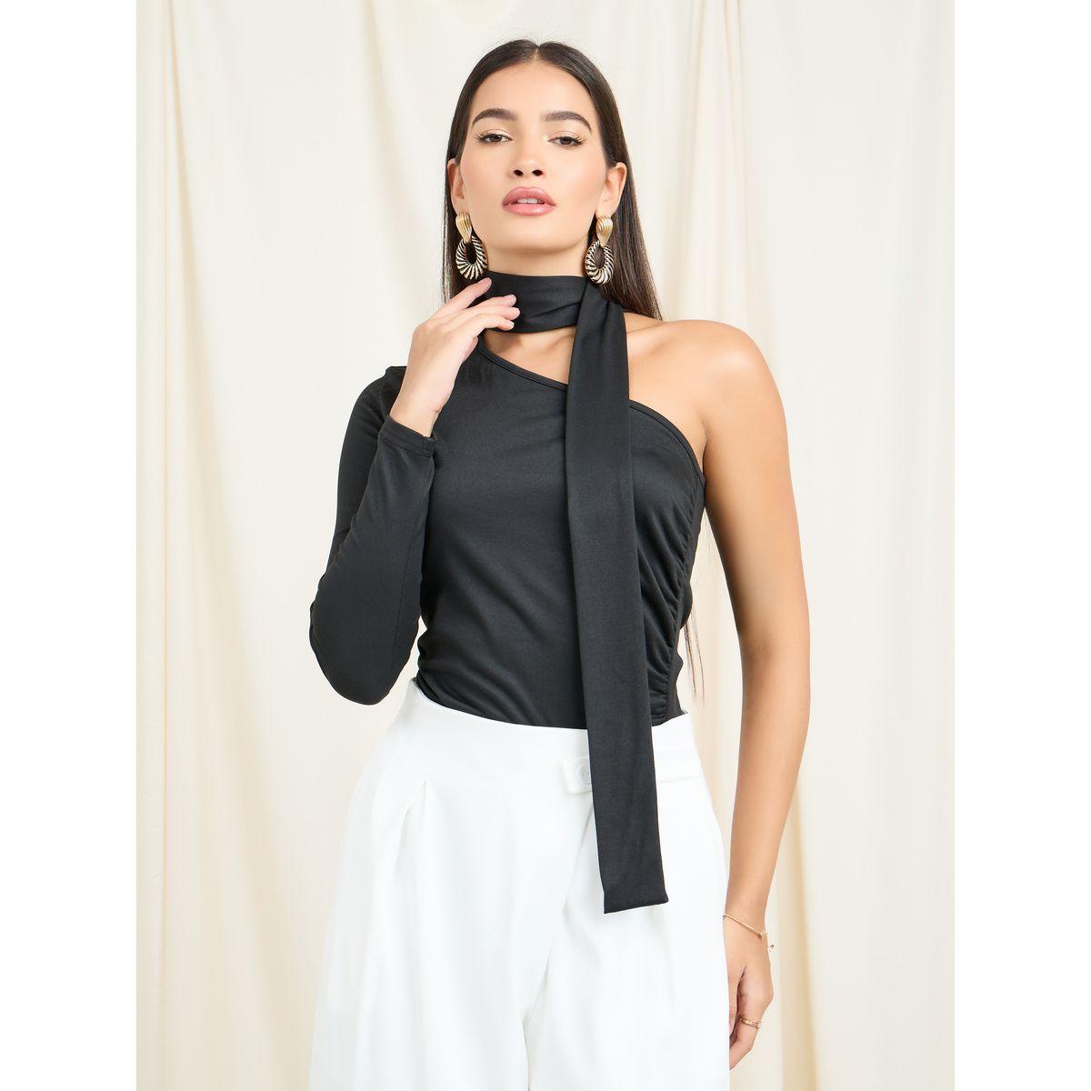 Styli One Shoulder Sleeves Fitted Knit Top-women-clothing-shirtsandblouses-blouses-image-1