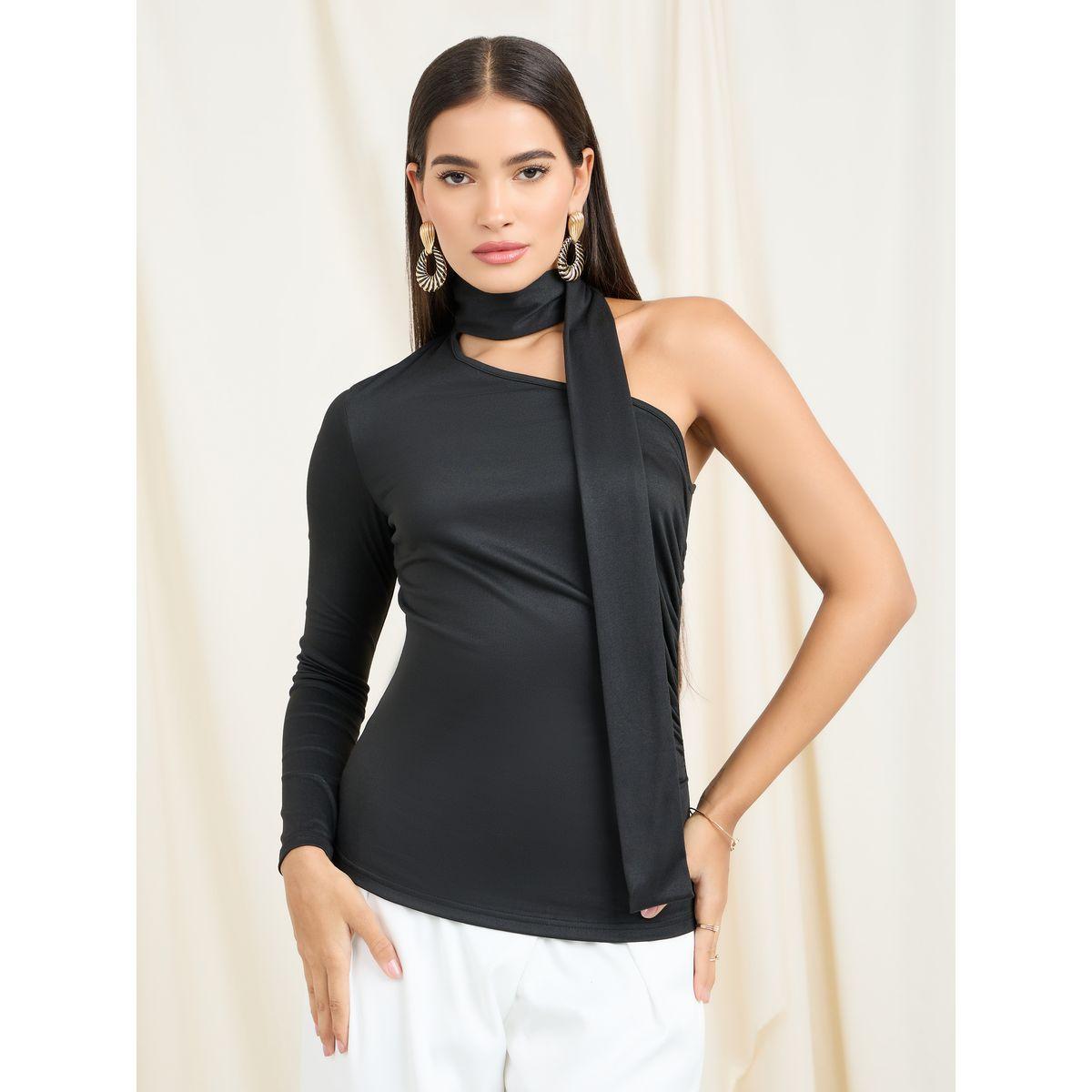 Styli One Shoulder Sleeves Fitted Knit Top-women-clothing-shirtsandblouses-blouses-image-2