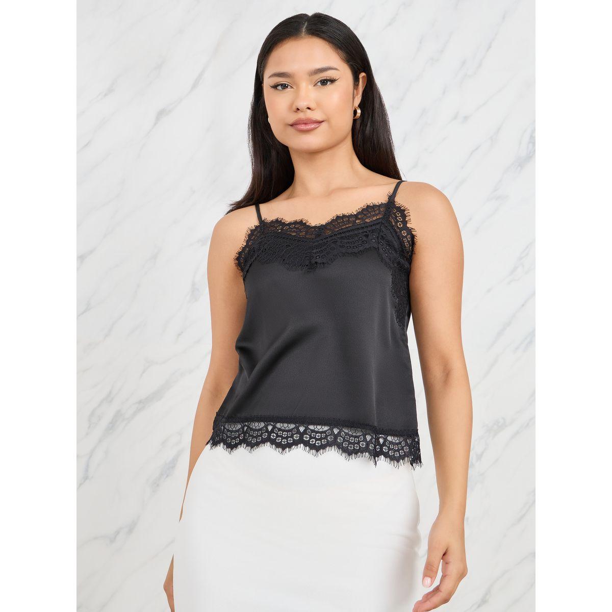Styli Lace Trim Satin Cami Top-women-clothing-tshirts-image-1