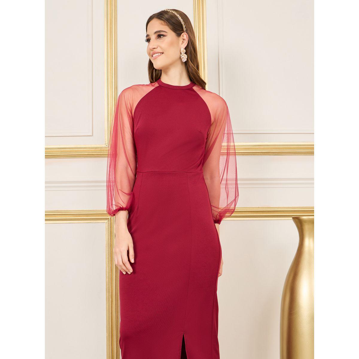 Styli Sheer Mesh Sleeves Bodycon Midi Dress with Side Slit-women-clothing-dresses-image-2