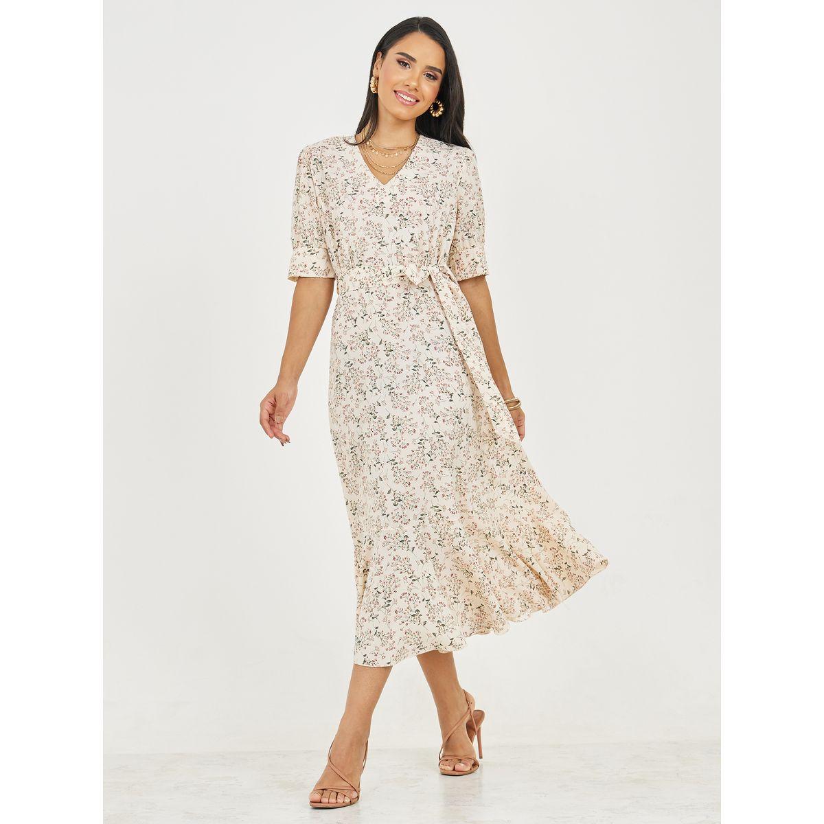 Styli Ditsy Floral Print A-Line Midi Dress with Self Tie Up-women-clothing-dresses-image-1