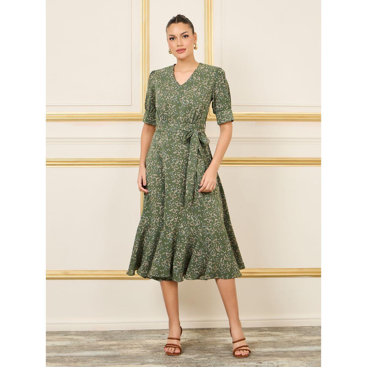 Styli Ditsy Floral Print A-Line Midi Dress with Self Tie Up-women-clothing-dresses-image-1