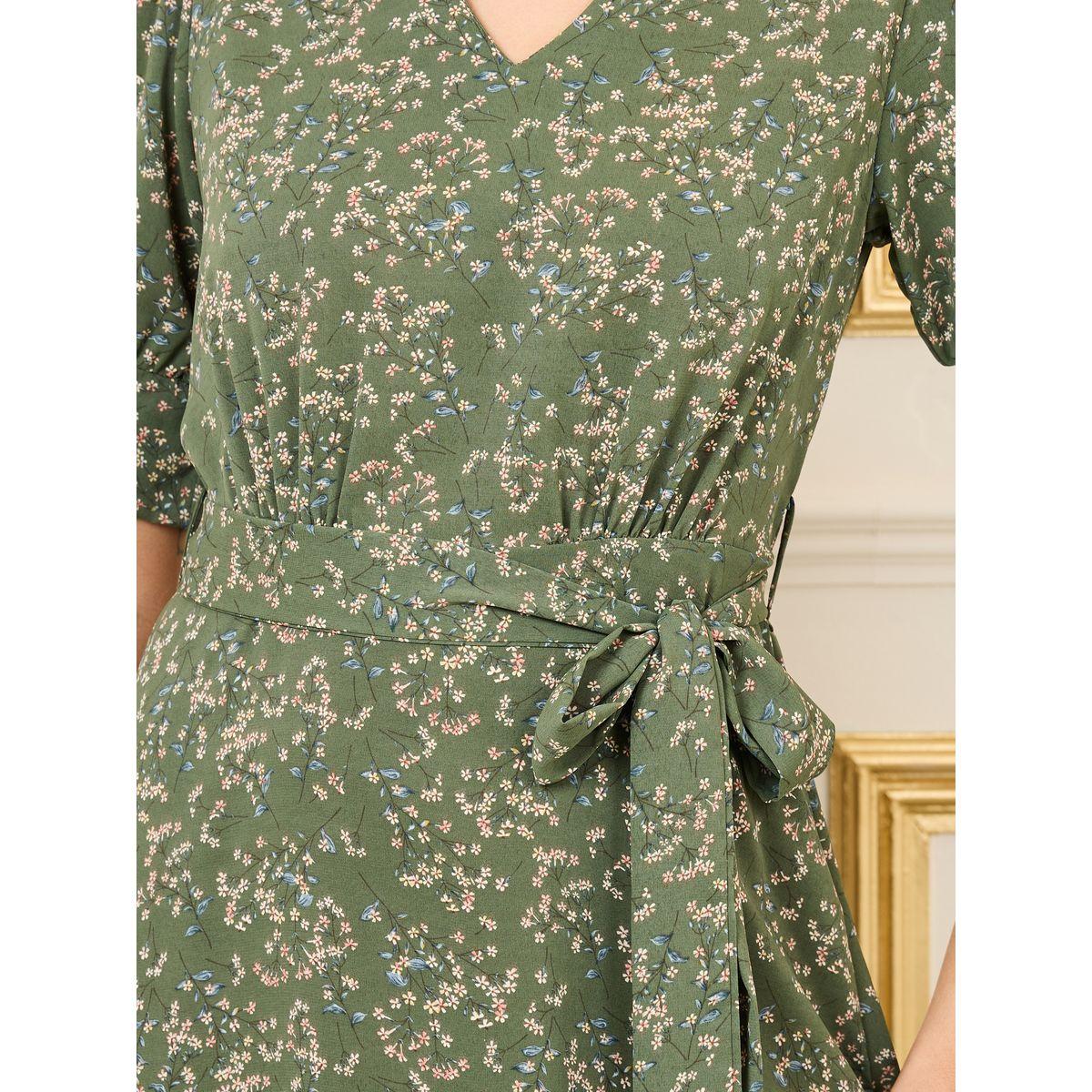 Styli Ditsy Floral Print A-Line Midi Dress with Self Tie Up-women-clothing-dresses-image-3