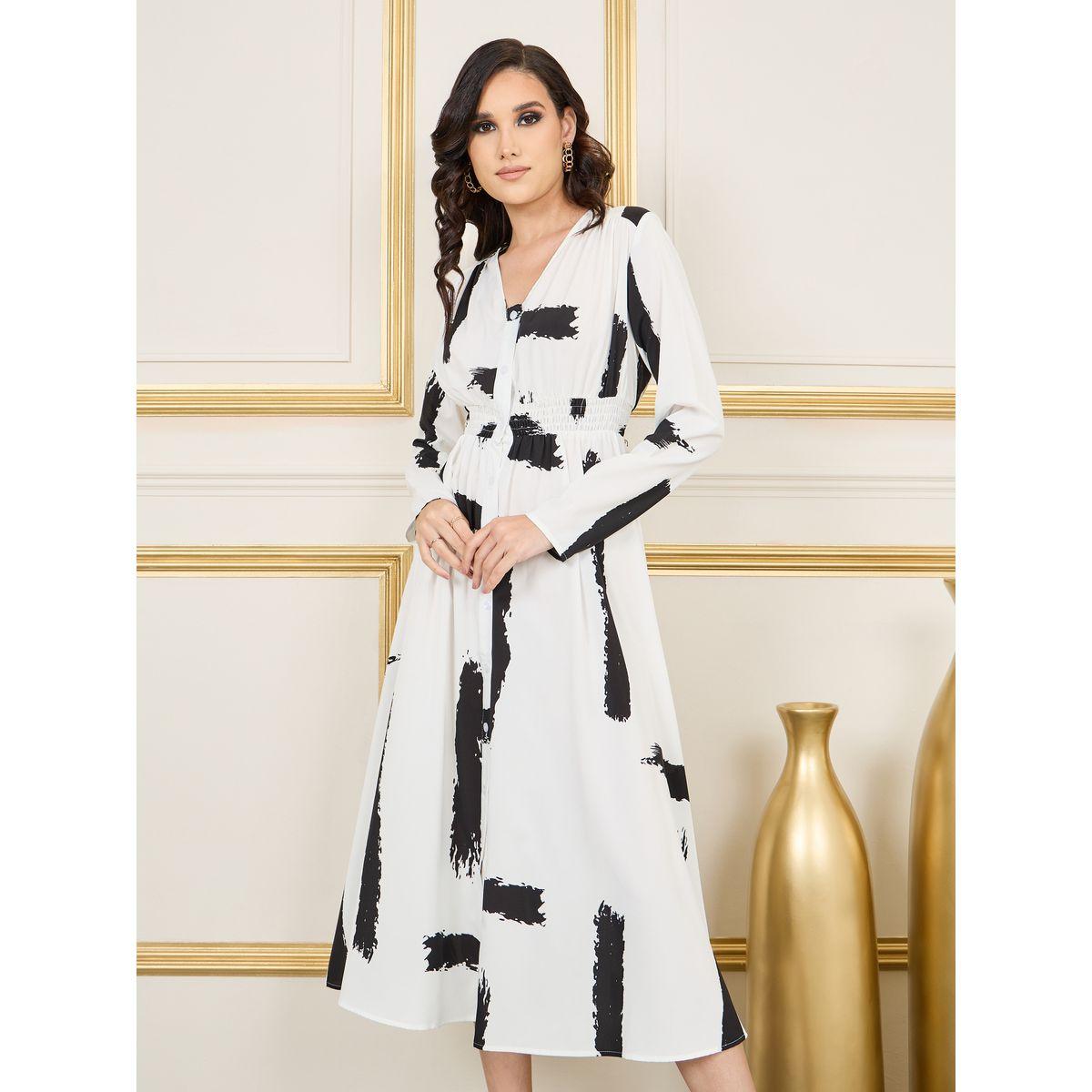 Styli Abstract Print Smocked Waist Shirt Midi Dress-women-clothing-dresses-image-2