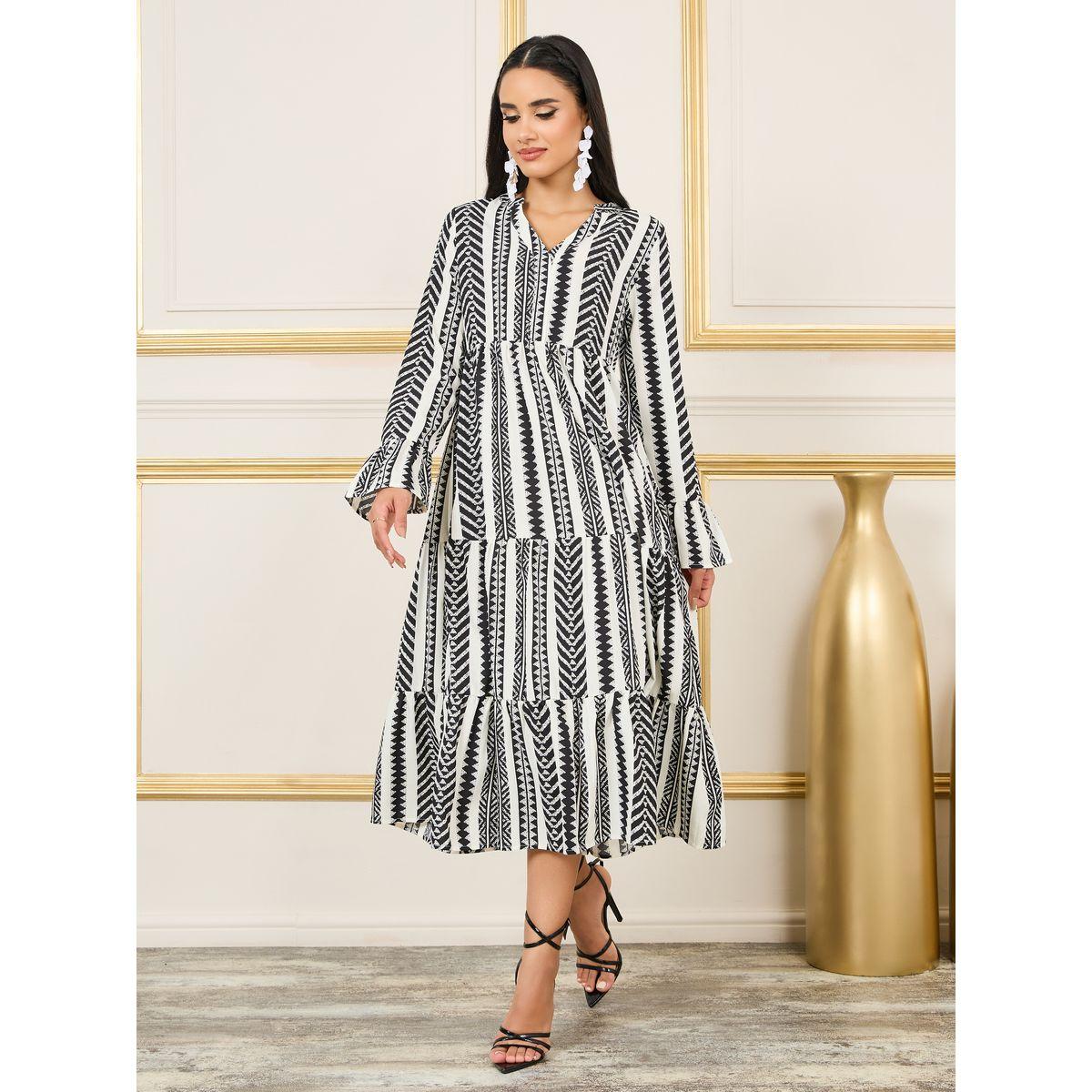 Styli Aztec Print Tiered Midi Dress-women-clothing-dresses-image-1