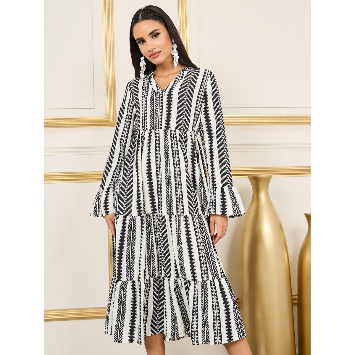 Styli Aztec Print Tiered Midi Dress-women-clothing-dresses-image-2