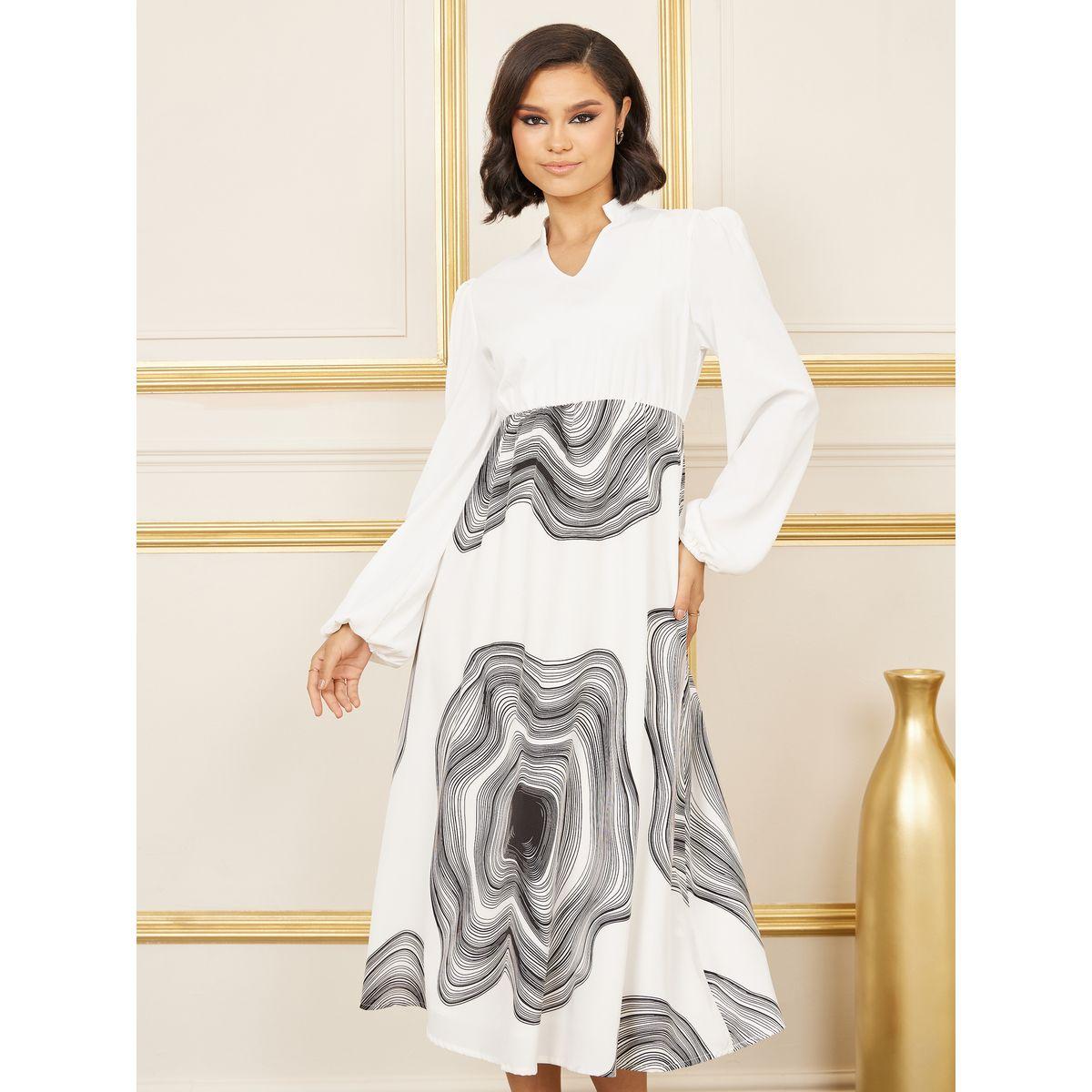 Styli Abstract Ring Print Notch Neck A-Line Midi Dress-women-clothing-dresses-image-2
