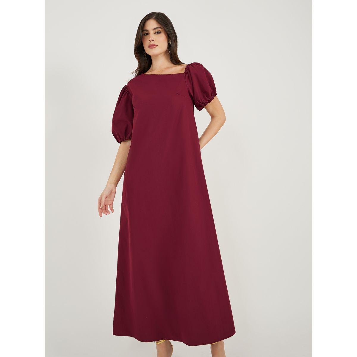 Styli Asymmetric Neck Puff Sleeve Shift Maxi Dress-women-clothing-dresses-image-3