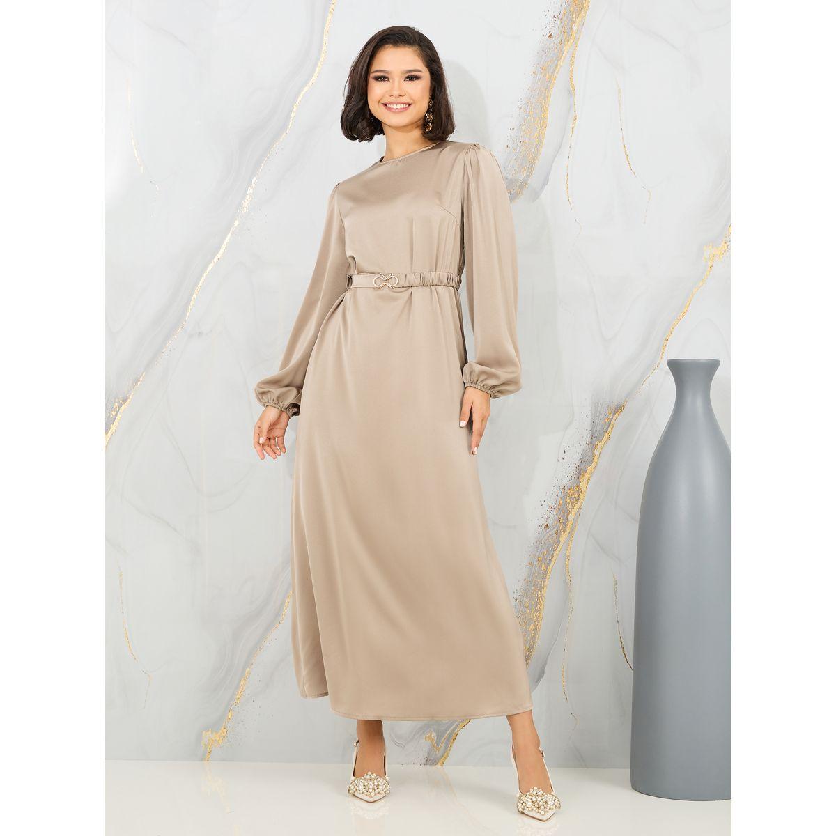 Styli Satin Embellished Buckle Belted A-Line Maxi Dress-women-clothing-dresses-image-1