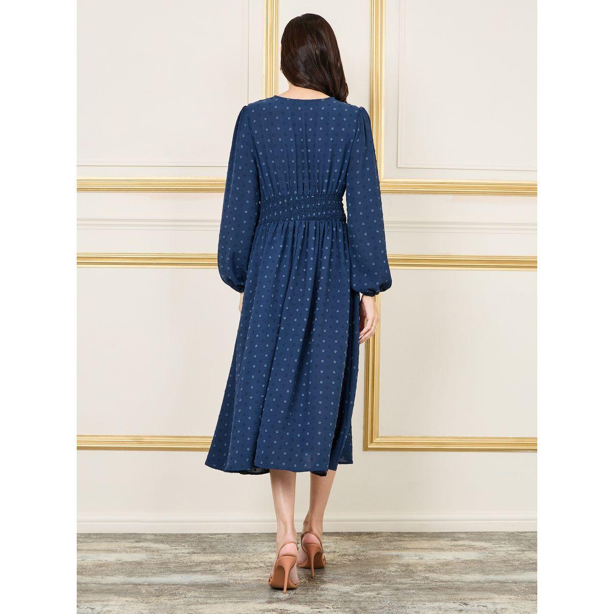 Styli Dobby V Neck Pleated Waist A-Line Midi Dress-women-clothing-dresses-image-4