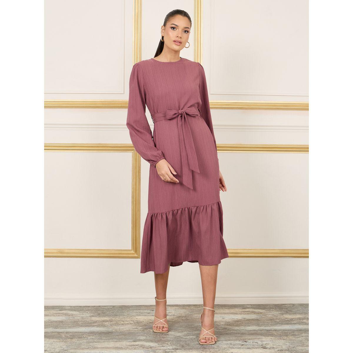 فستان ميدي بتفاصيل بارزة الملمس واربطة-women-clothing-dresses-image-1