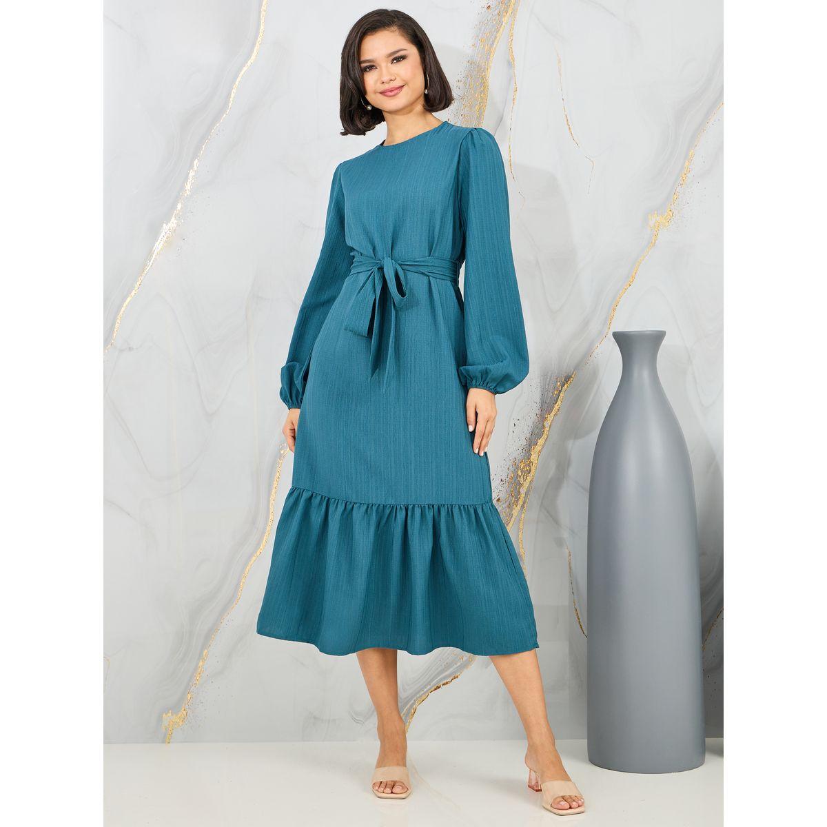 Styli Textured Self Tie Up A-Line Midi Dress-women-clothing-dresses-image-1