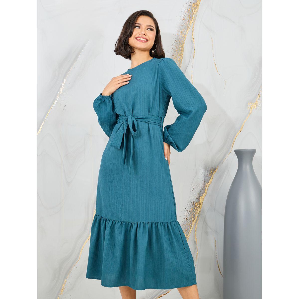 فستان ميدي مع حافة بكشكش ورباط خصر-women-clothing-dresses-image-2