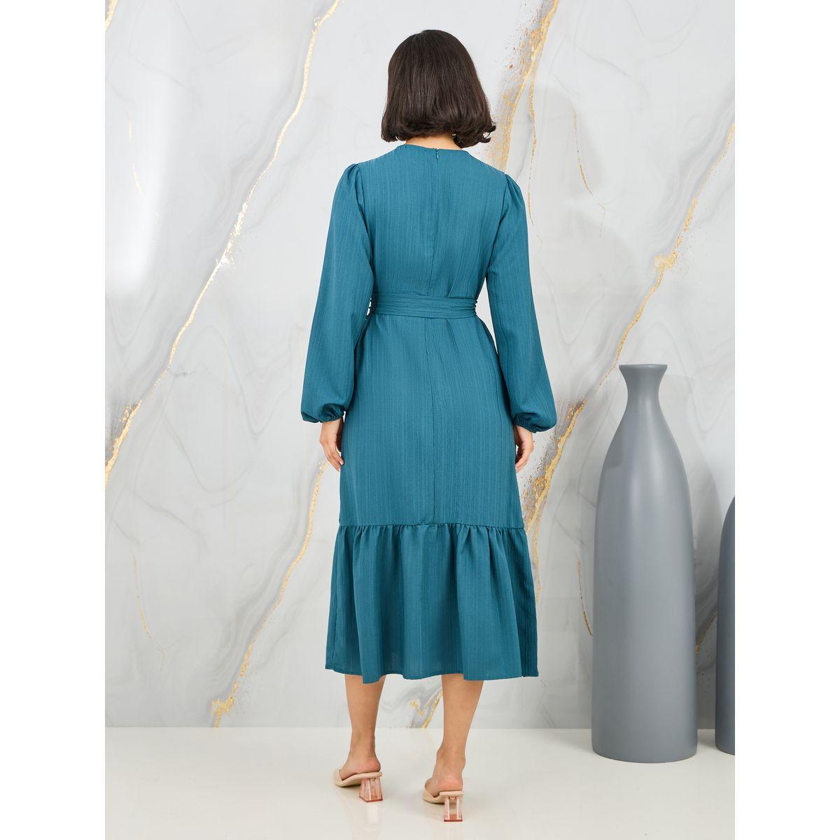 Styli Textured Self Tie Up A-Line Midi Dress-women-clothing-dresses-image-4