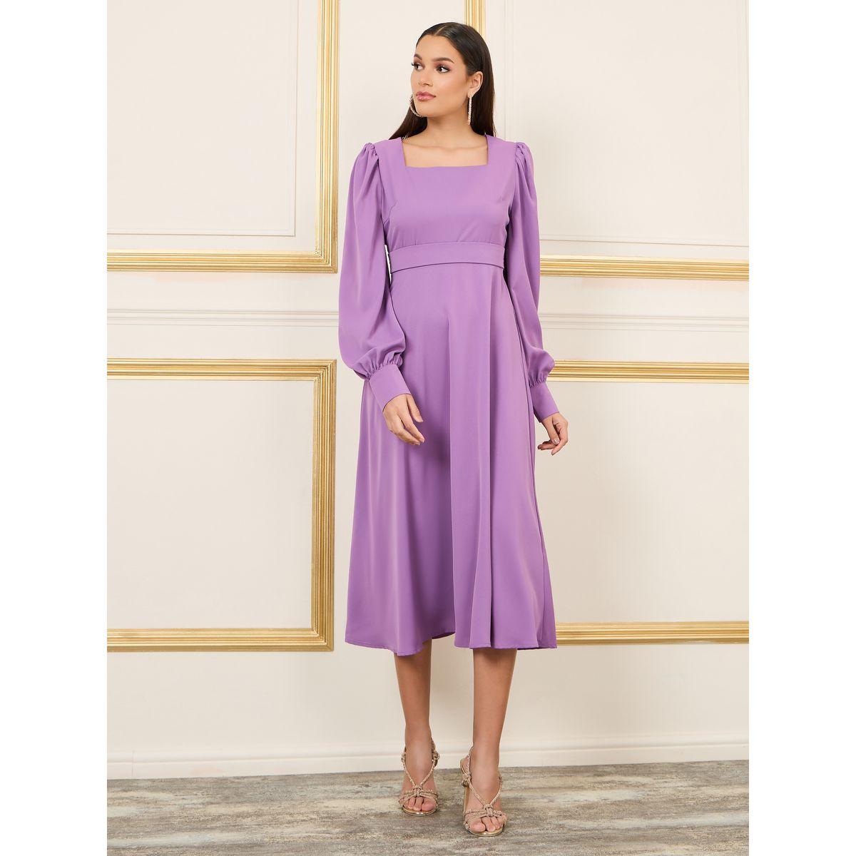 فستان ميدي بياقة واسعة واكمام بيشوب-women-clothing-dresses-image-2