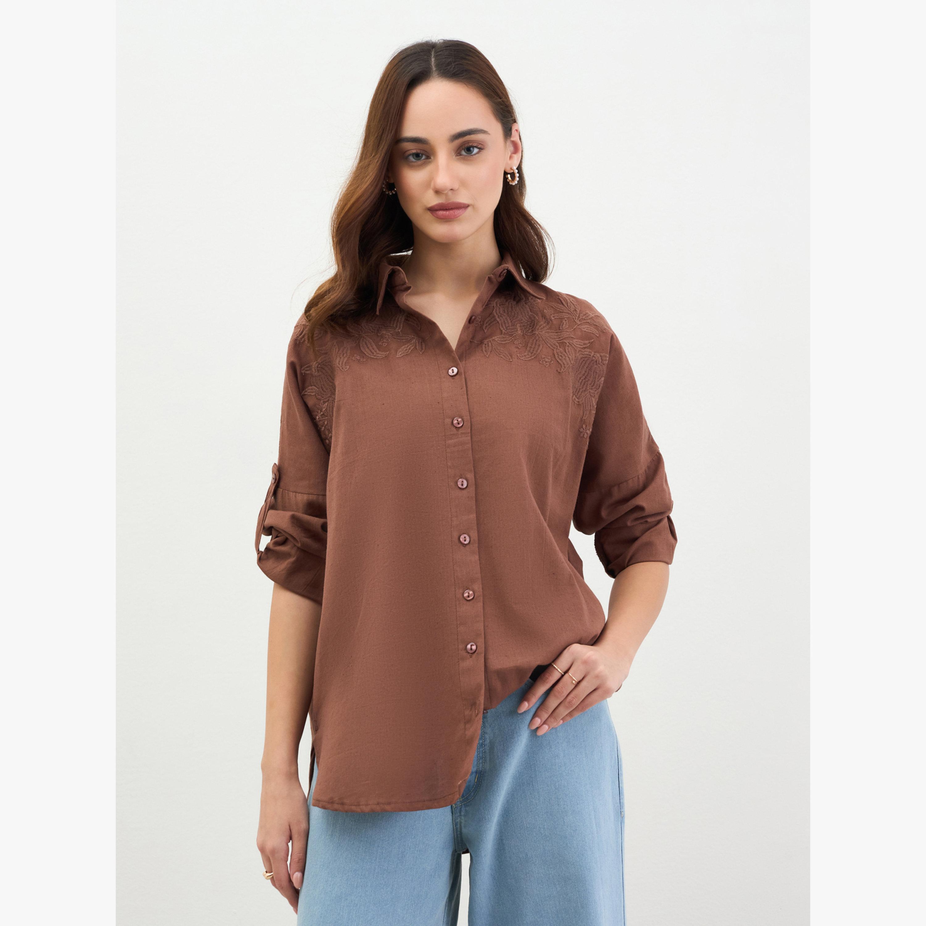 Styli Brown Embroidered Longline Shirt-women-clothing-shirtsandblouses-shirts-image-1