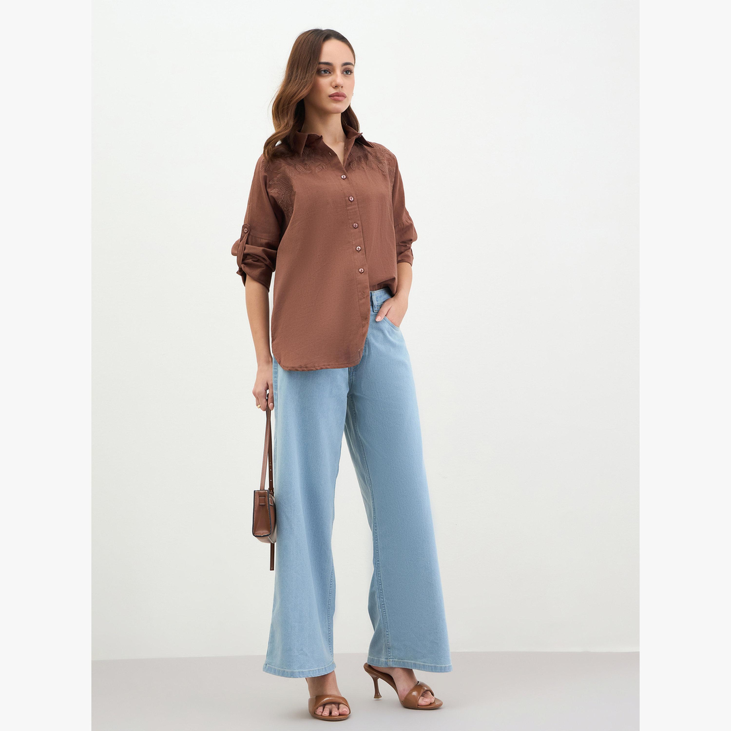 Styli Brown Embroidered Longline Shirt-women-clothing-shirtsandblouses-shirts-image-2