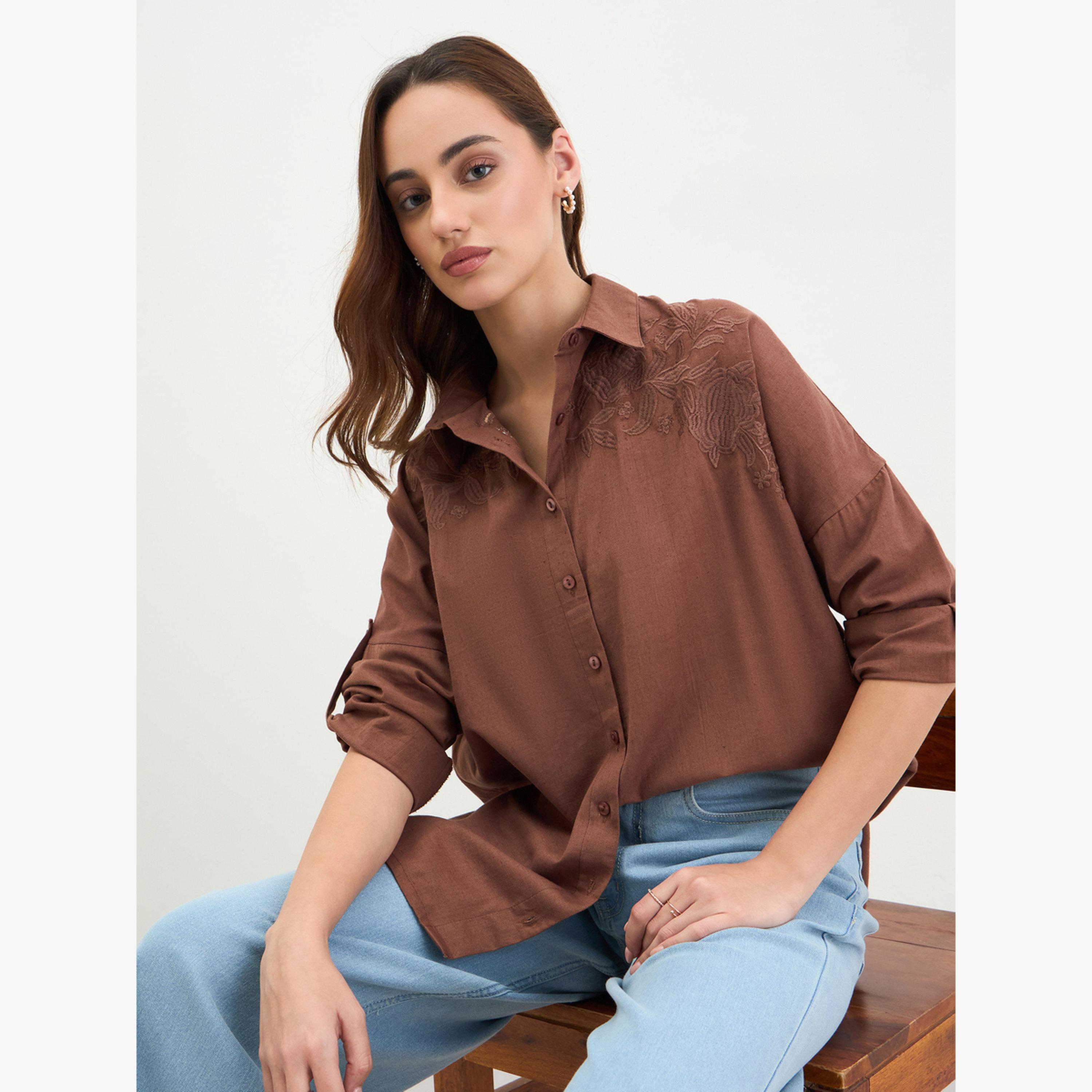 Styli Brown Embroidered Longline Shirt-women-clothing-shirtsandblouses-shirts-image-3