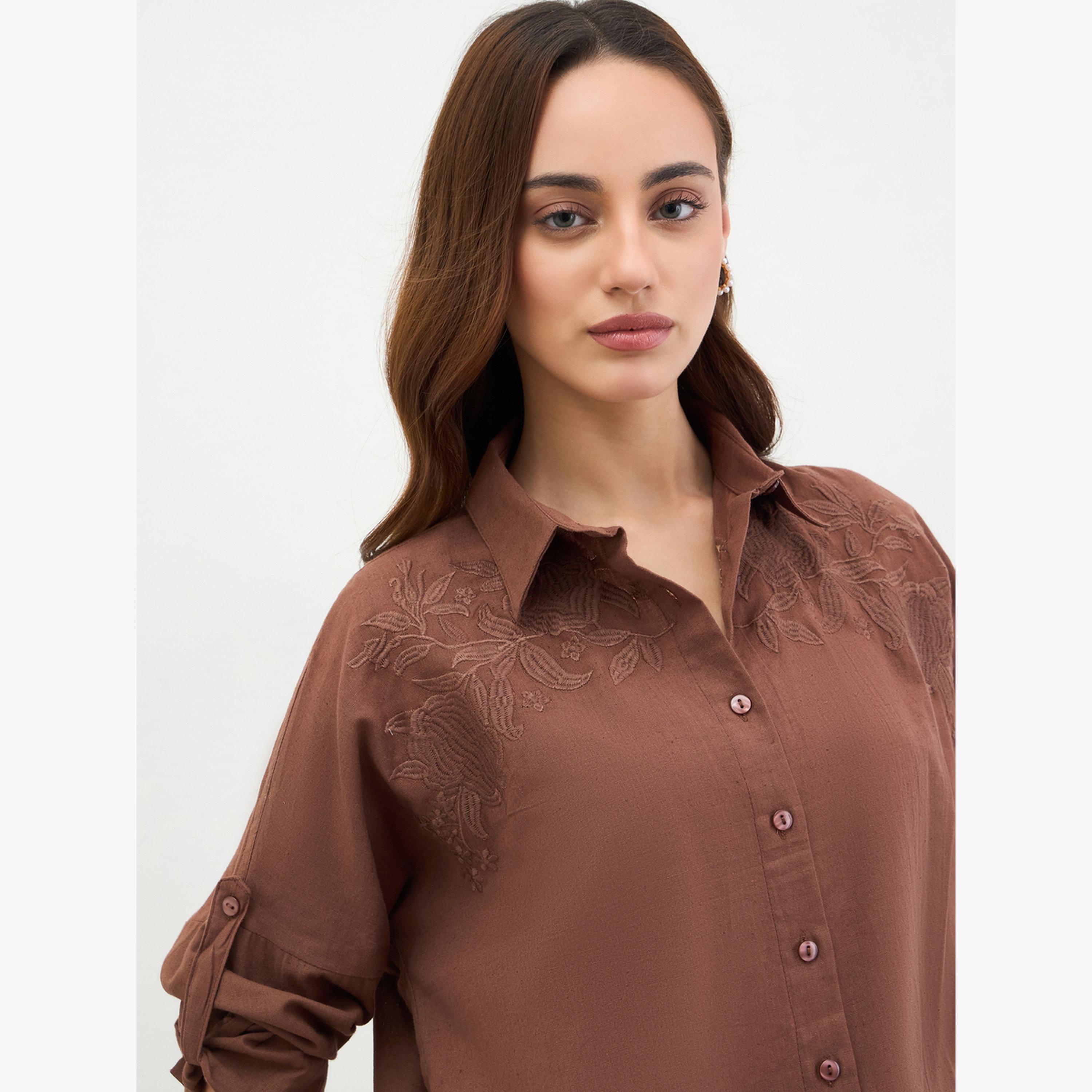 Styli Brown Embroidered Longline Shirt-women-clothing-shirtsandblouses-shirts-image-4