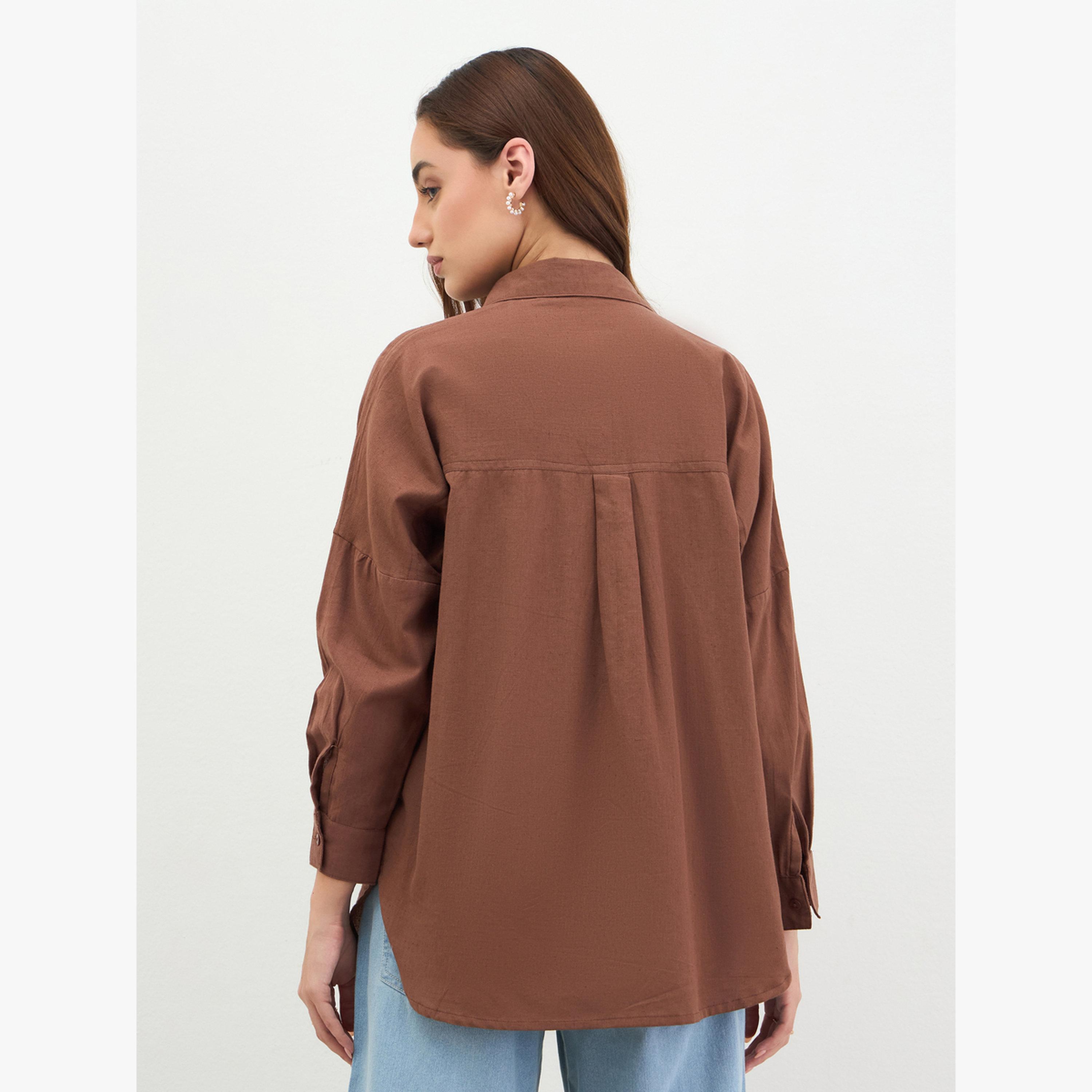 Styli Brown Embroidered Longline Shirt-women-clothing-shirtsandblouses-shirts-image-5