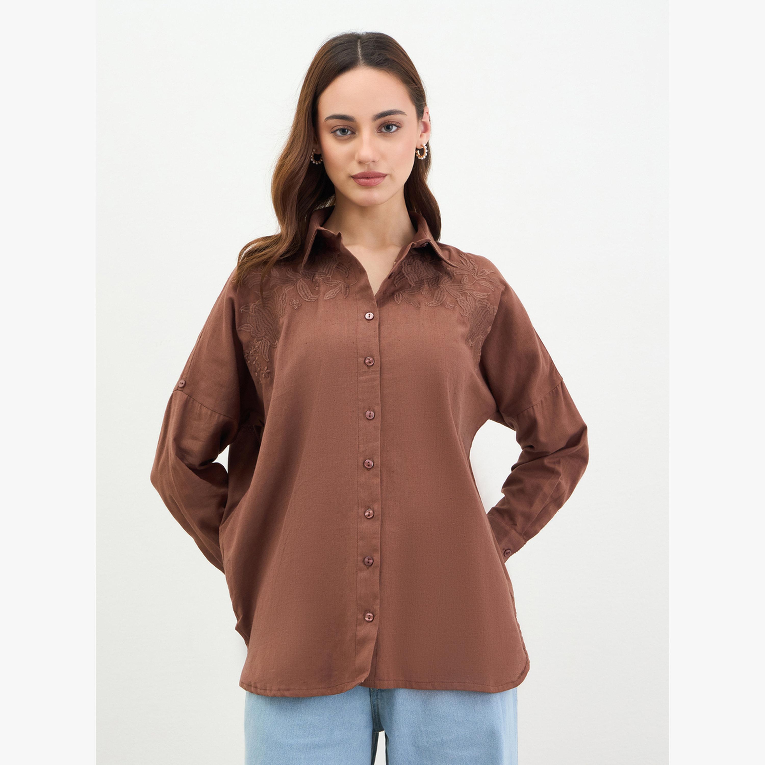 Styli Brown Embroidered Longline Shirt-women-clothing-shirtsandblouses-shirts-image-6