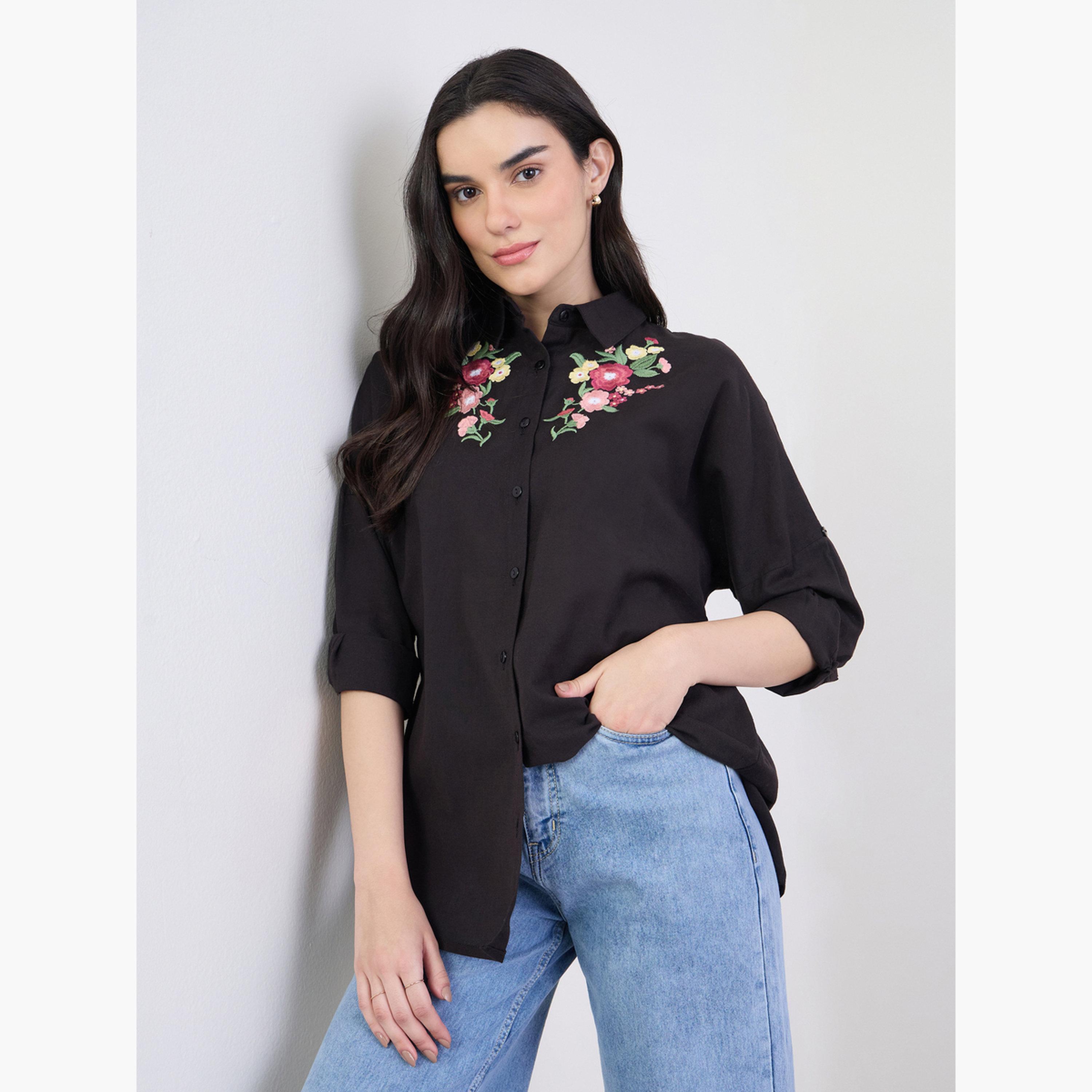 Styli Embroidered Yoke Oversized Shirt with Roll-Up Sleeves-women-clothing-shirtsandblouses-shirts-image-1
