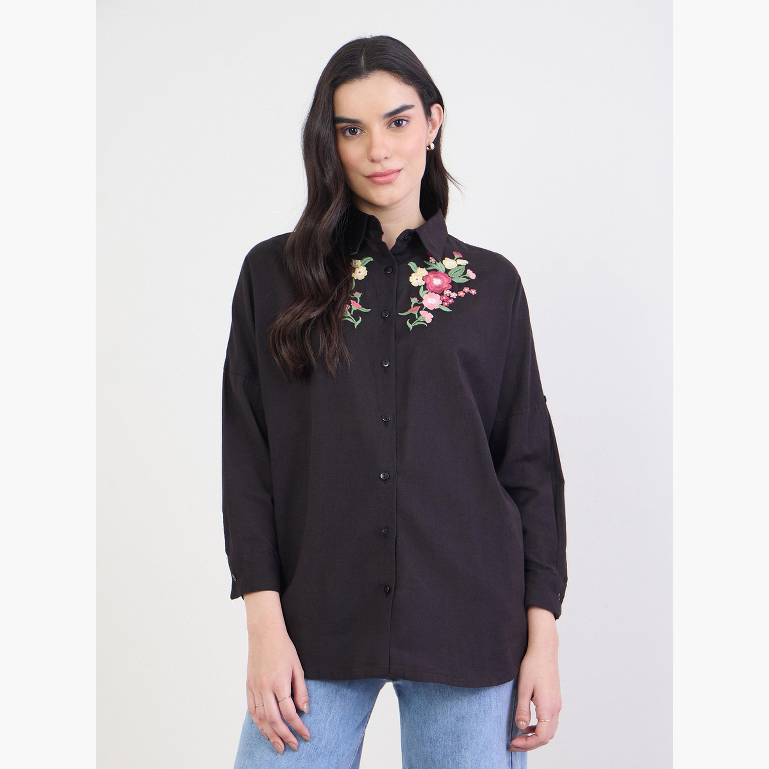 Styli Embroidered Yoke Oversized Shirt with Roll-Up Sleeves-women-clothing-shirtsandblouses-shirts-image-3