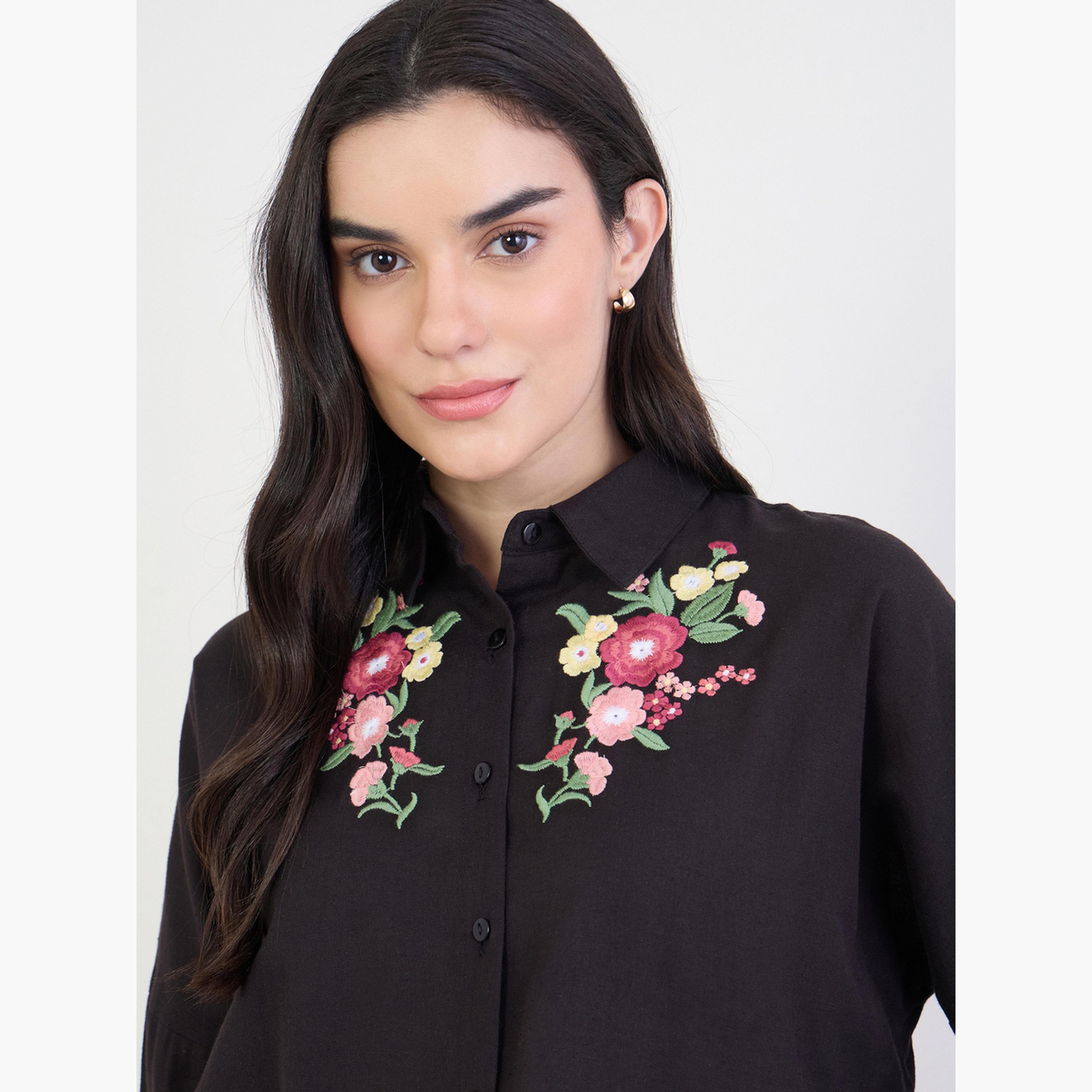 Styli Embroidered Yoke Oversized Shirt with Roll-Up Sleeves-women-clothing-shirtsandblouses-shirts-image-4