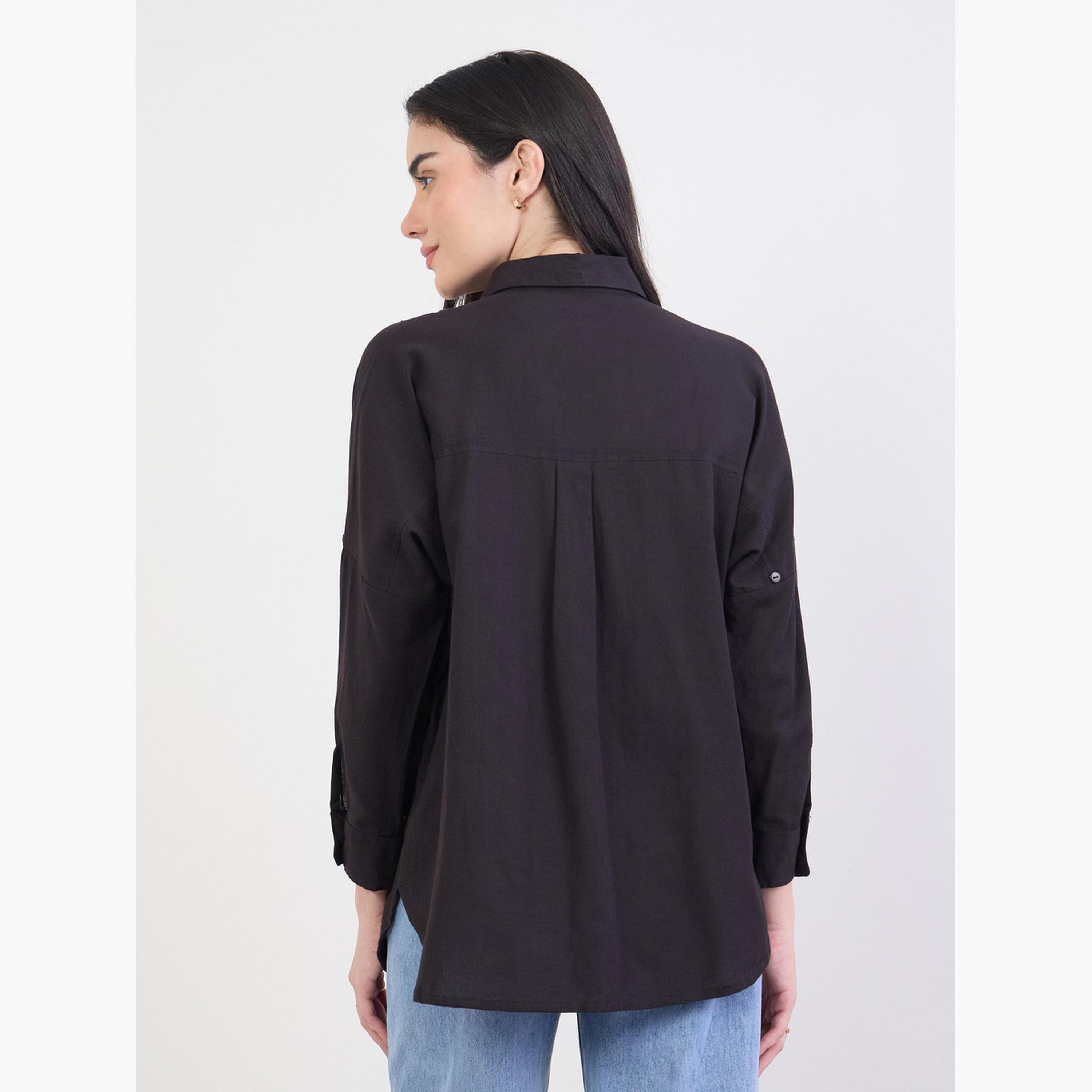 Styli Embroidered Yoke Oversized Shirt with Roll-Up Sleeves-women-clothing-shirtsandblouses-shirts-image-5