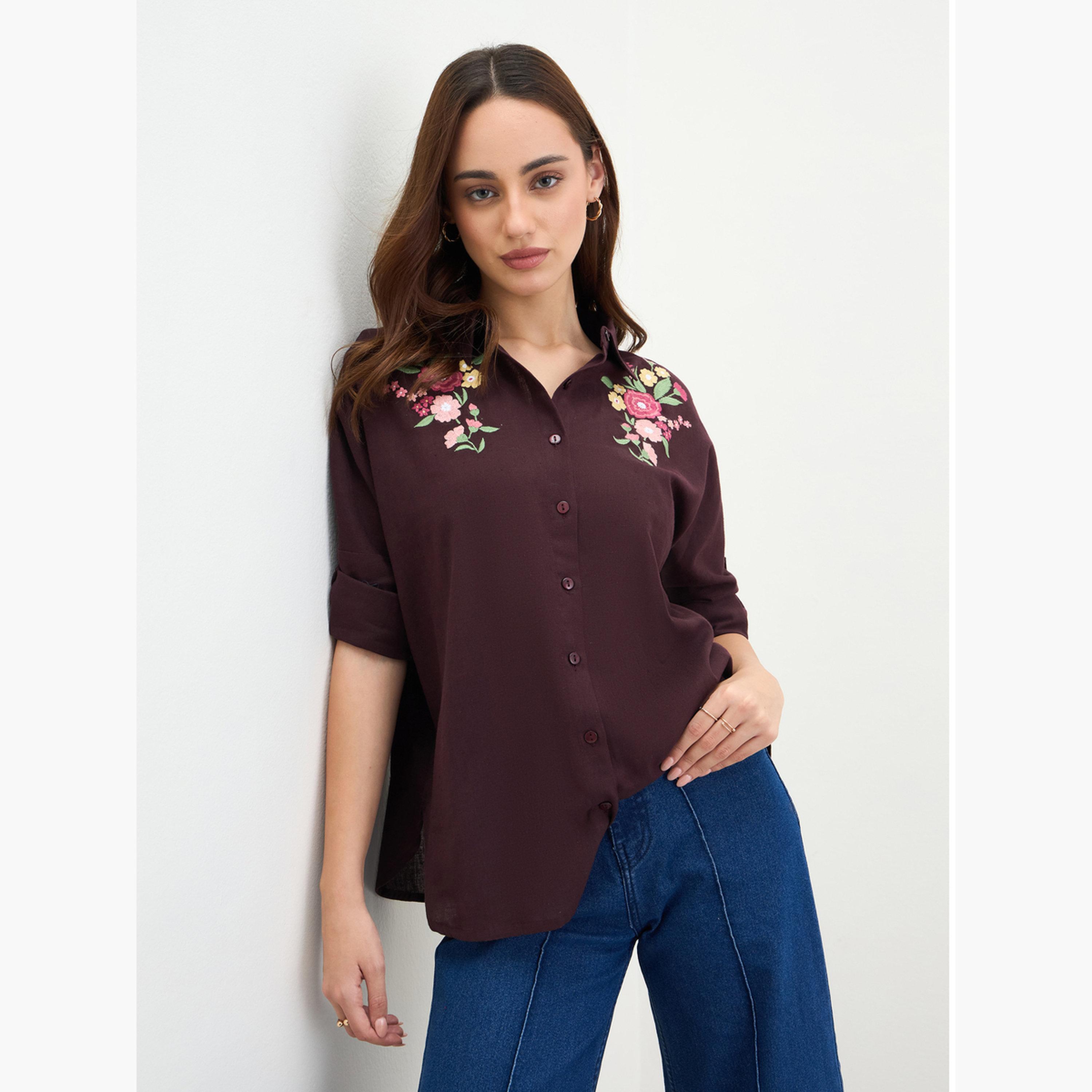 ستايلي - قميص مطرز بأكمام مطوية ومقاس واسع-women-clothing-shirtsandblouses-shirts-image-1