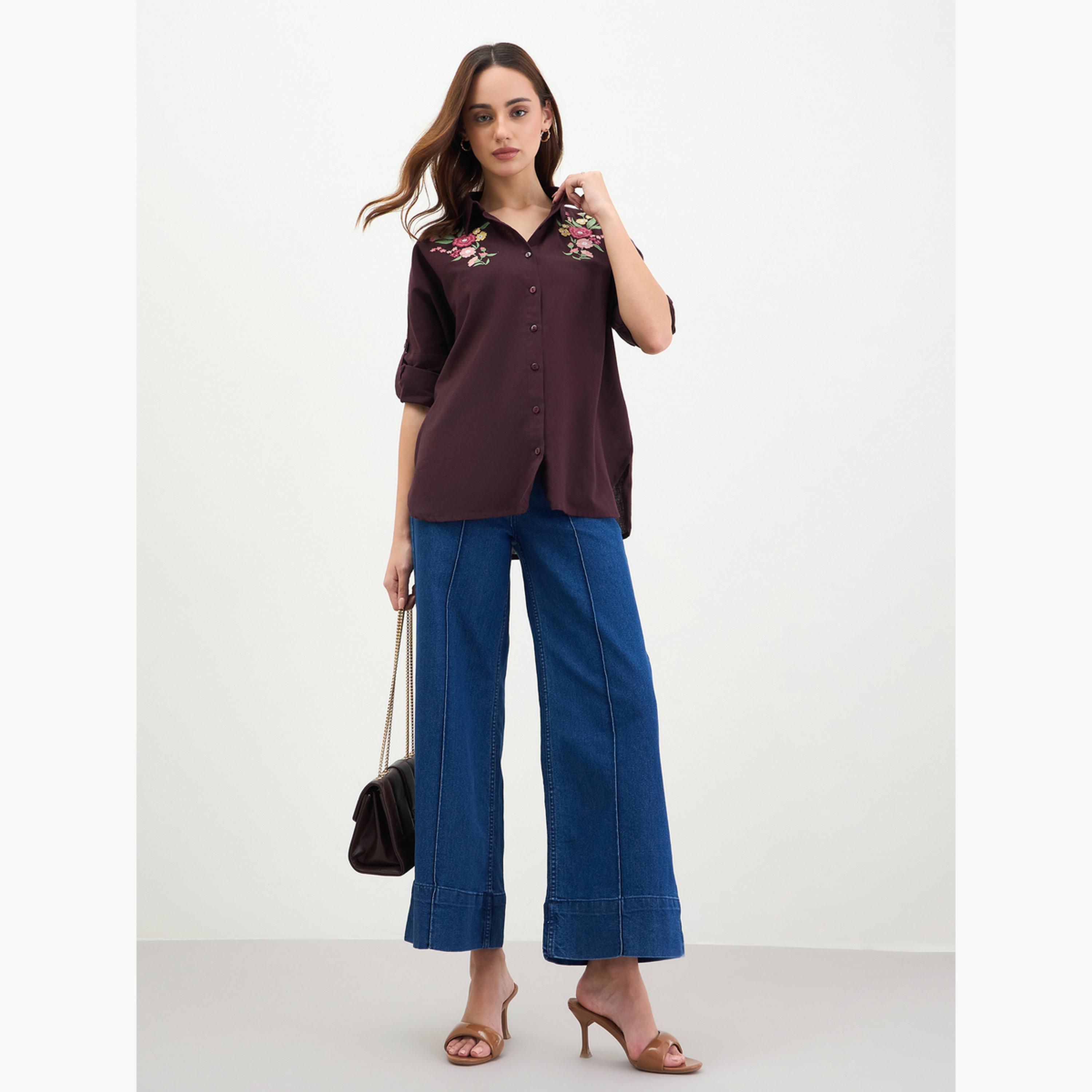 ستايلي - قميص مطرز بأكمام مطوية ومقاس واسع-women-clothing-shirtsandblouses-shirts-image-2