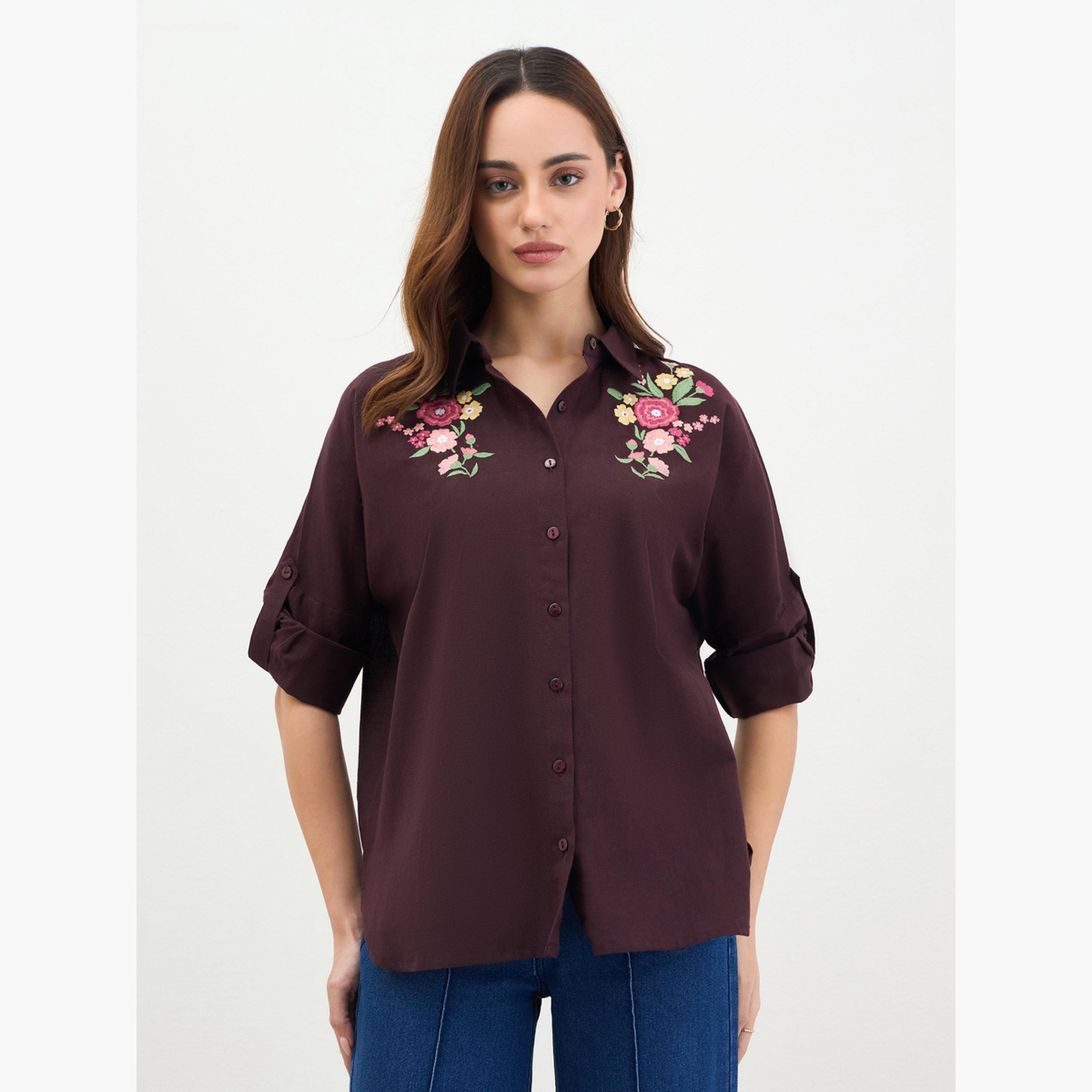 ستايلي - قميص مطرز بأكمام مطوية ومقاس واسع-women-clothing-shirtsandblouses-shirts-image-3
