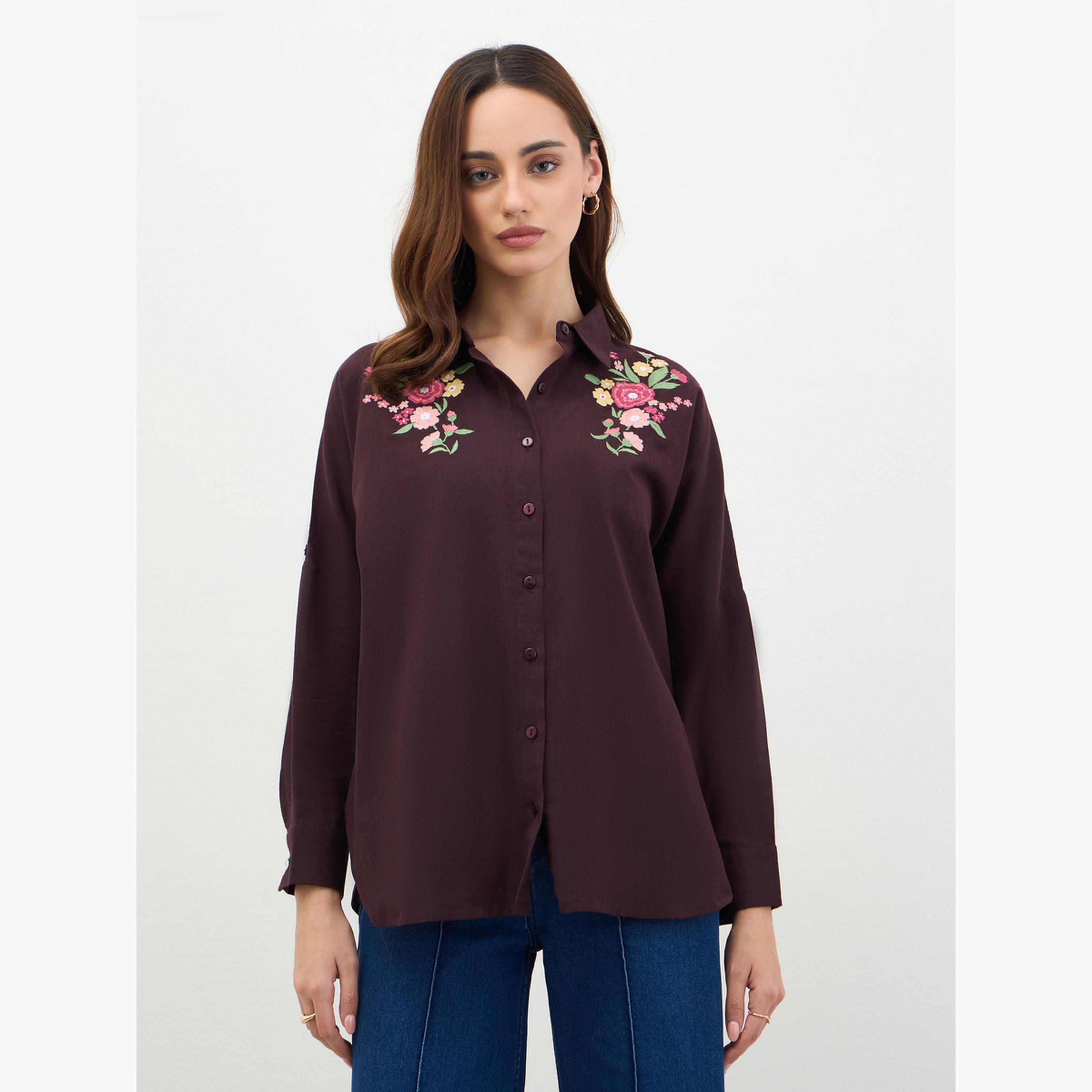 ستايلي - قميص مطرز بأكمام مطوية ومقاس واسع-women-clothing-shirtsandblouses-shirts-image-4