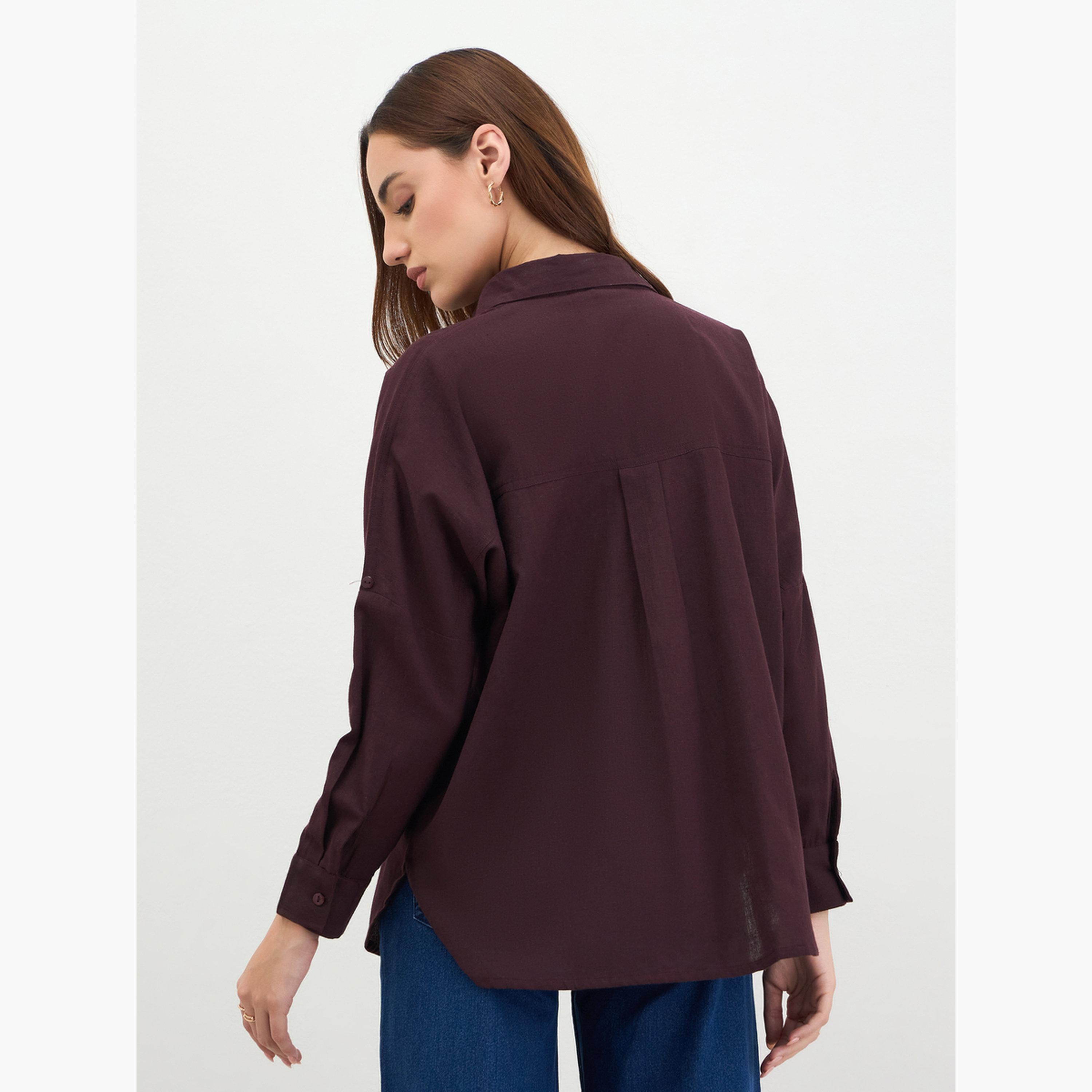 ستايلي - قميص مطرز بأكمام مطوية ومقاس واسع-women-clothing-shirtsandblouses-shirts-image-6