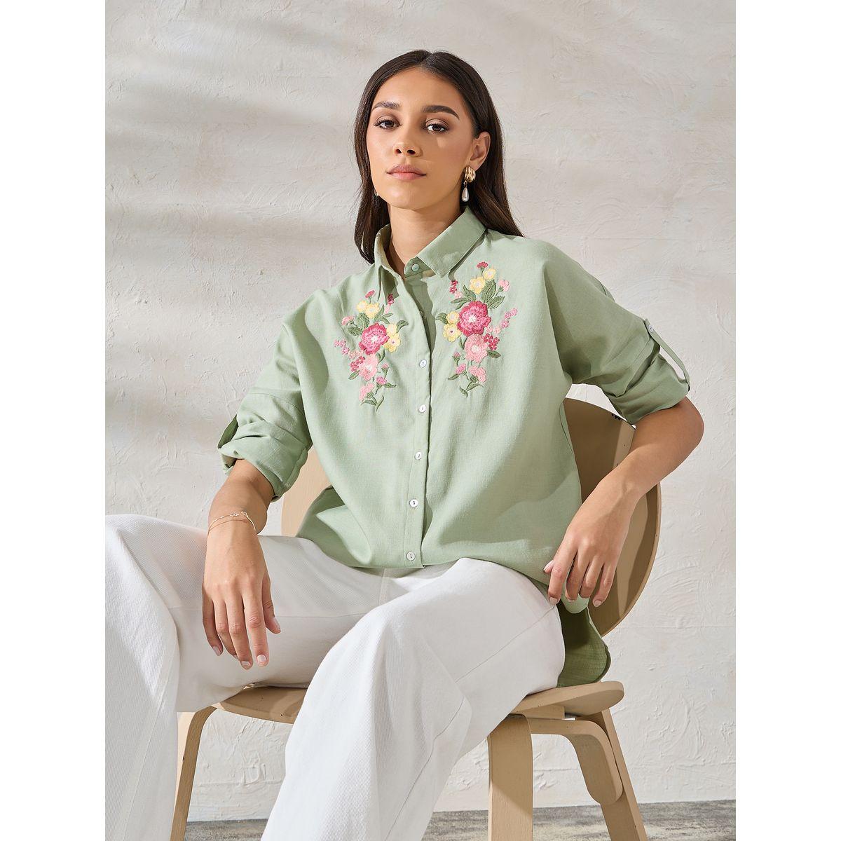 Styli Limited Embroidered Yoke Oversized Shirt with Roll-Up Sleeves-women-clothing-shirtsandblouses-shirts-image-1