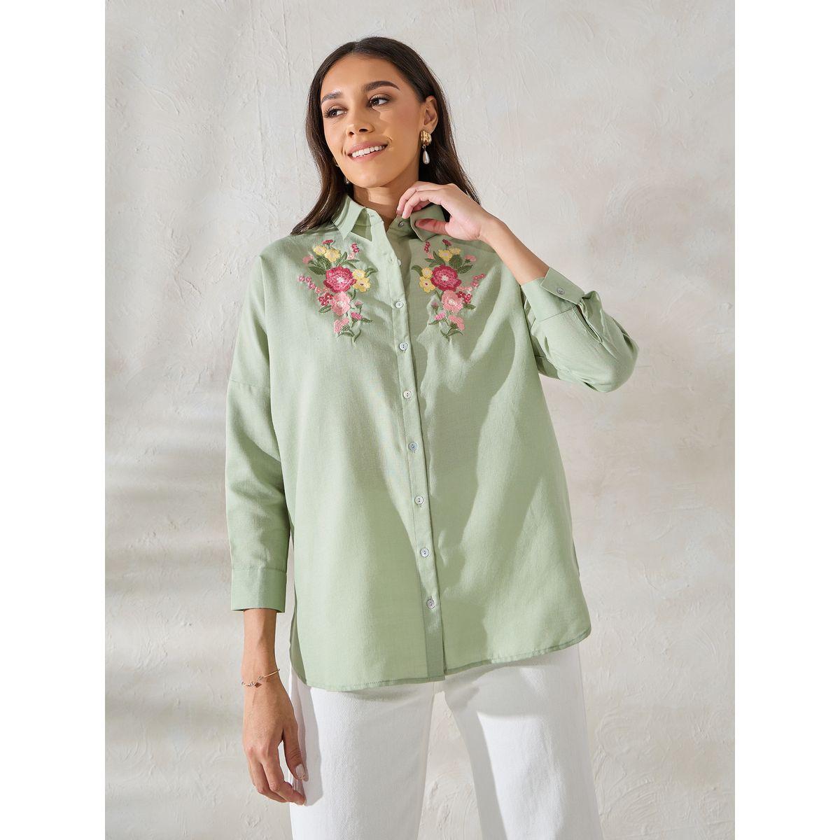 Styli Limited Embroidered Yoke Oversized Shirt with Roll-Up Sleeves-women-clothing-shirtsandblouses-shirts-image-3