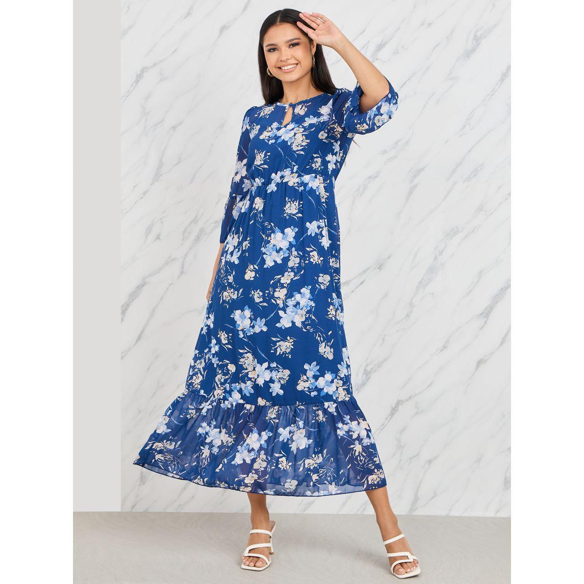 Styli Floral Print Keyhole Neck A-Line Midi Dress-women-clothing-dresses-image-1