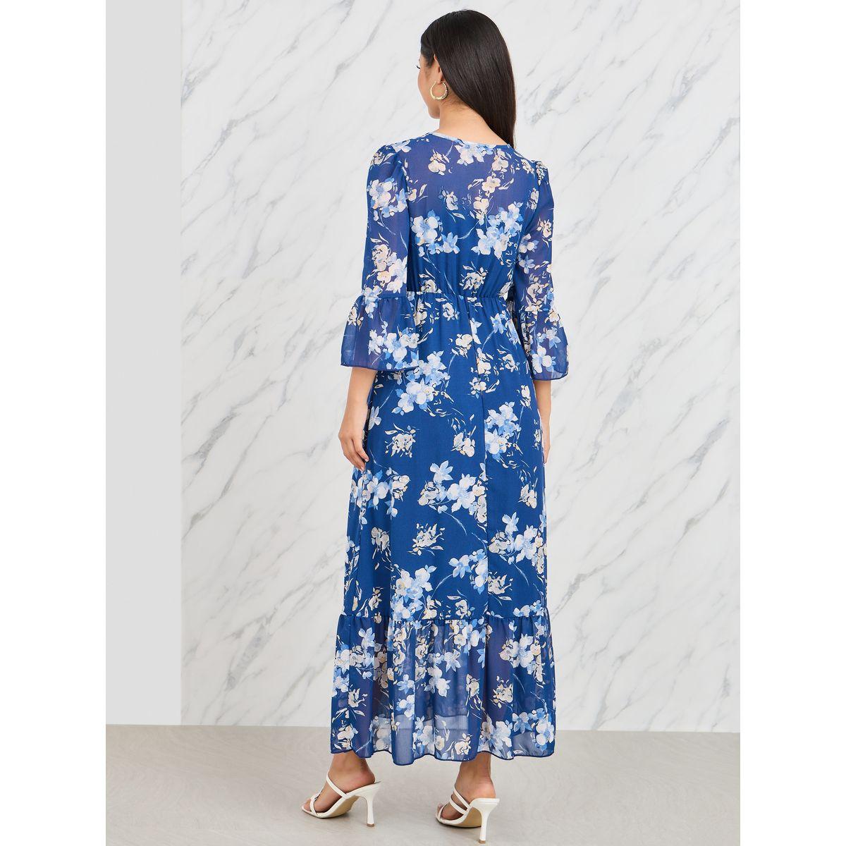 فستان ميدي بطبعة زهور مع ياقة بشق-women-clothing-dresses-image-4