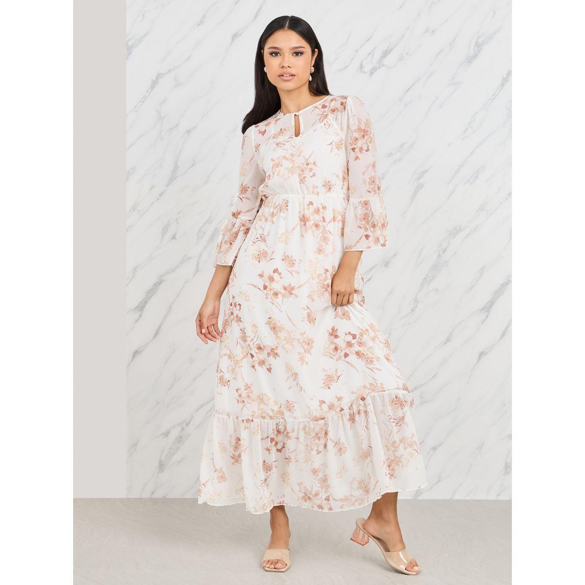 فستان ميدي مطبع بزهور مع ياقة بشق-women-clothing-dresses-image-1