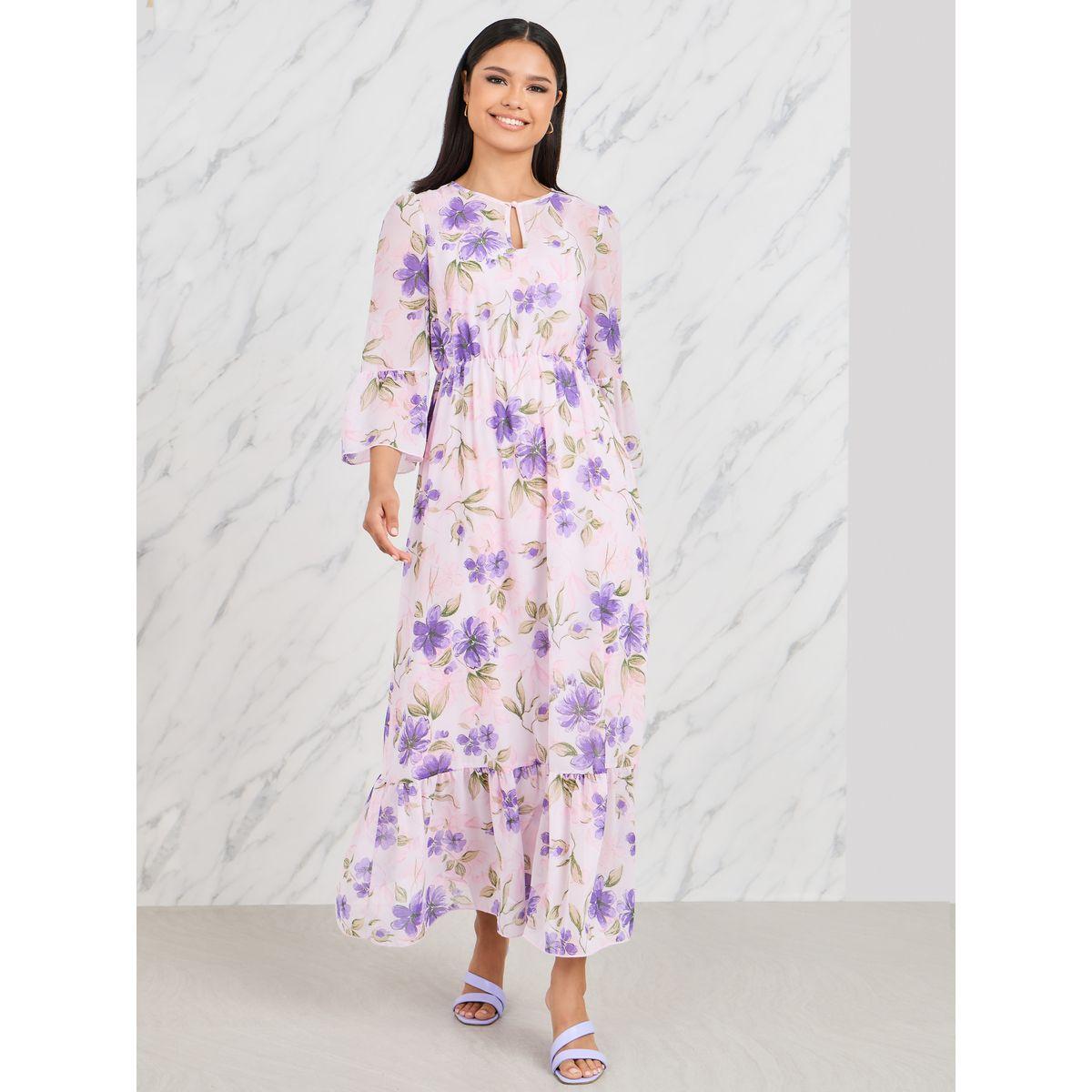 فستان ميدي بطبعة زهور مع ياقة بشق-women-clothing-dresses-image-1