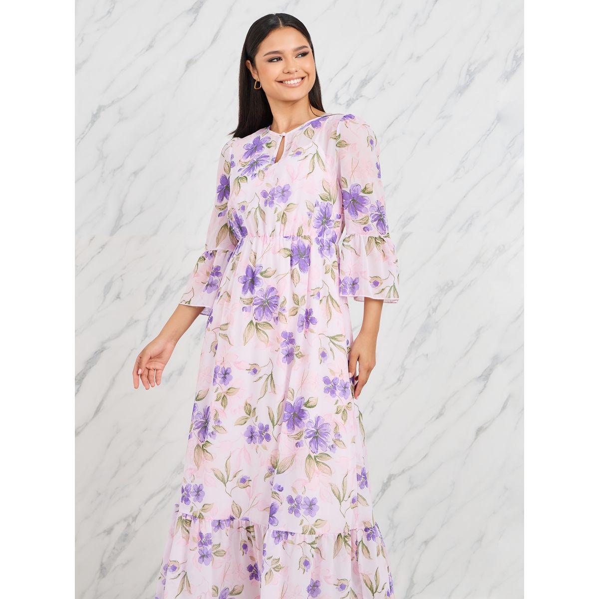 فستان ميدي بطبعة زهور مع ياقة بشق-women-clothing-dresses-image-2