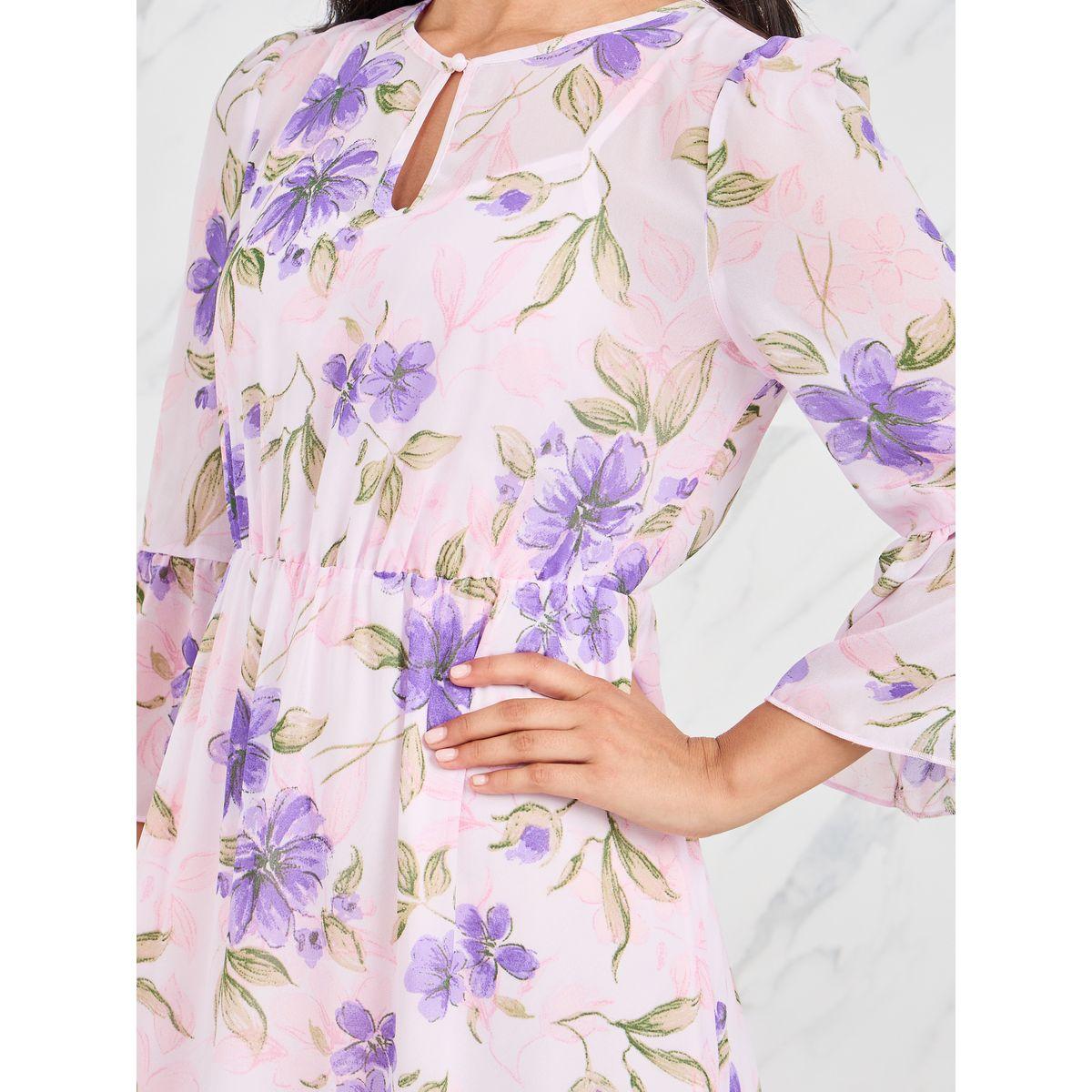 فستان ميدي بطبعة زهور مع ياقة بشق-women-clothing-dresses-image-3
