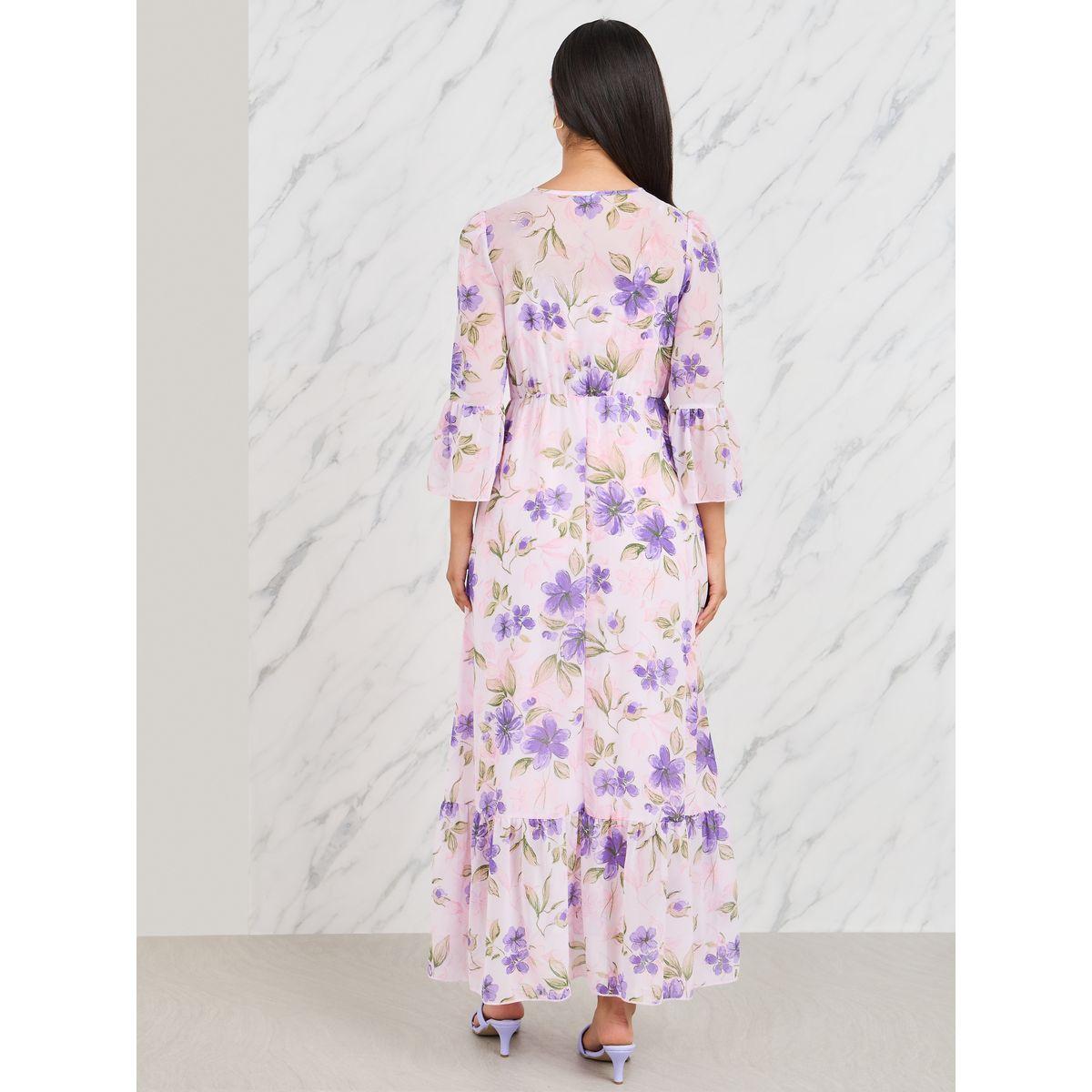فستان ميدي بطبعة زهور مع ياقة بشق-women-clothing-dresses-image-4
