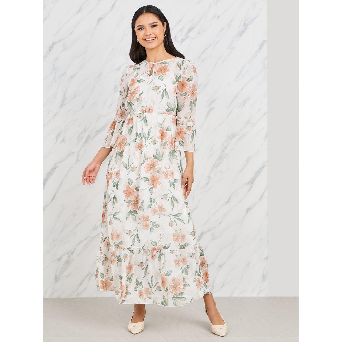Styli Floral Print Keyhole Neck A-Line Midi Dress-women-clothing-dresses-image-1