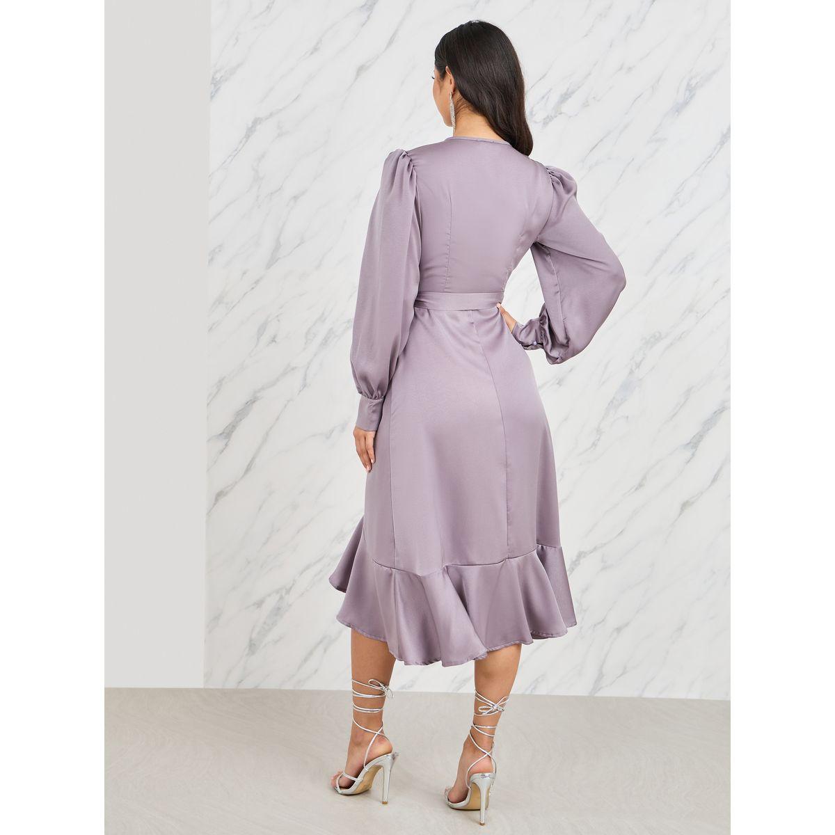فستان ميدي بنمط لف وحواف كشكش-women-clothing-dresses-image-4