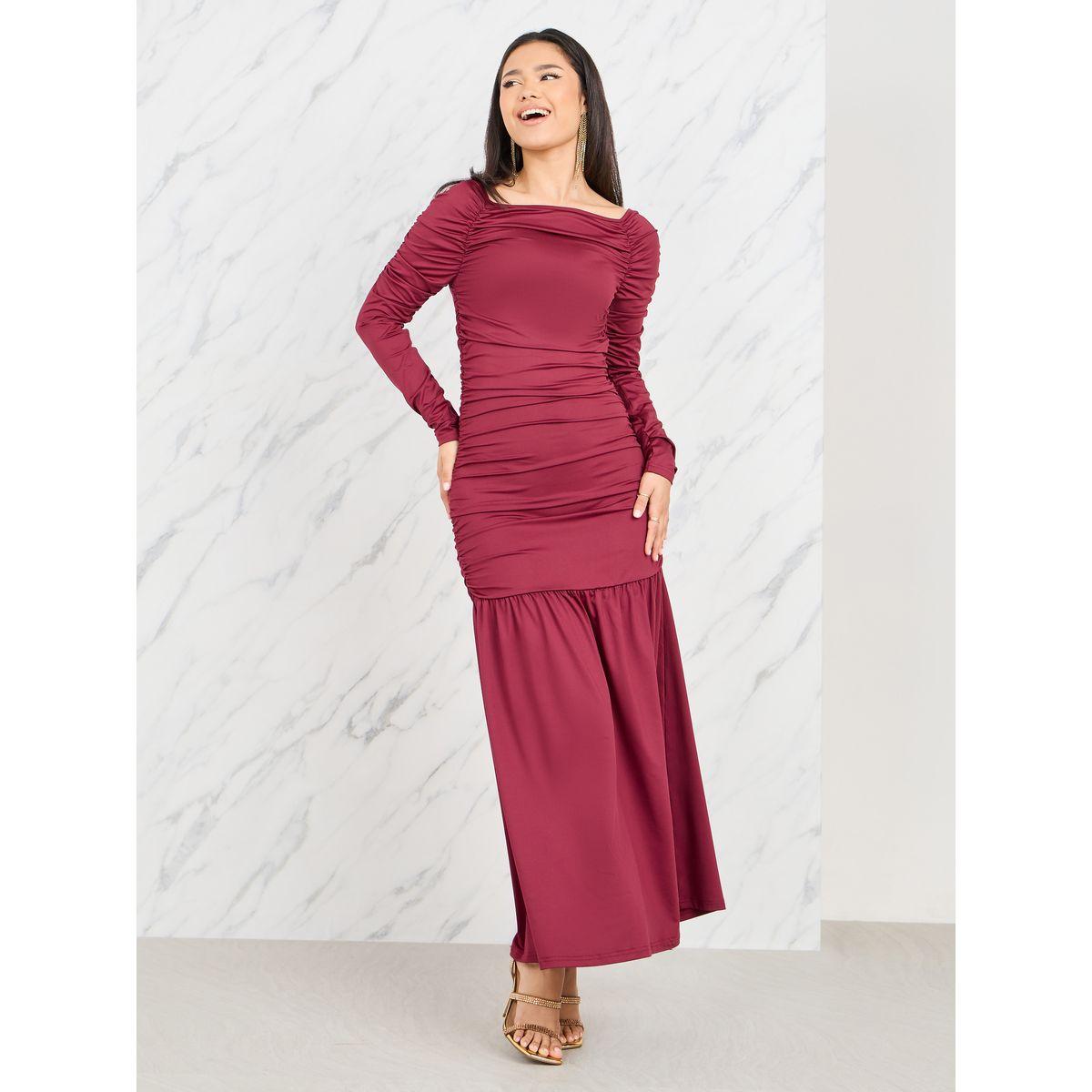 Styli Ruched Wide Square Neck A-Line Maxi Dress-women-clothing-dresses-image-1