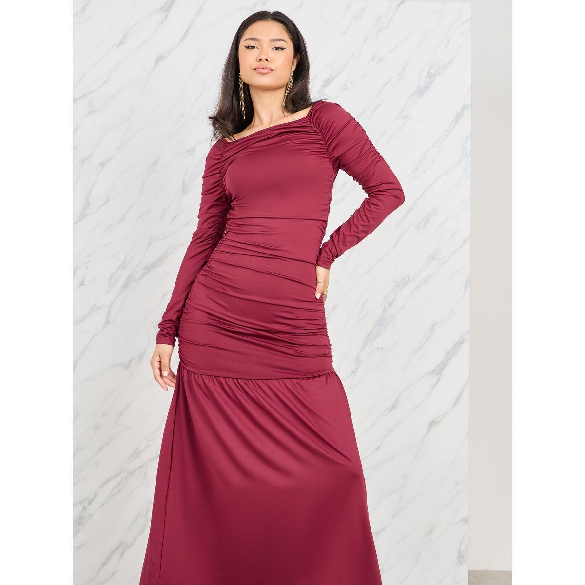 فستان طويل بياقة واسعة وتفاصيل مزمومة-women-clothing-dresses-image-2