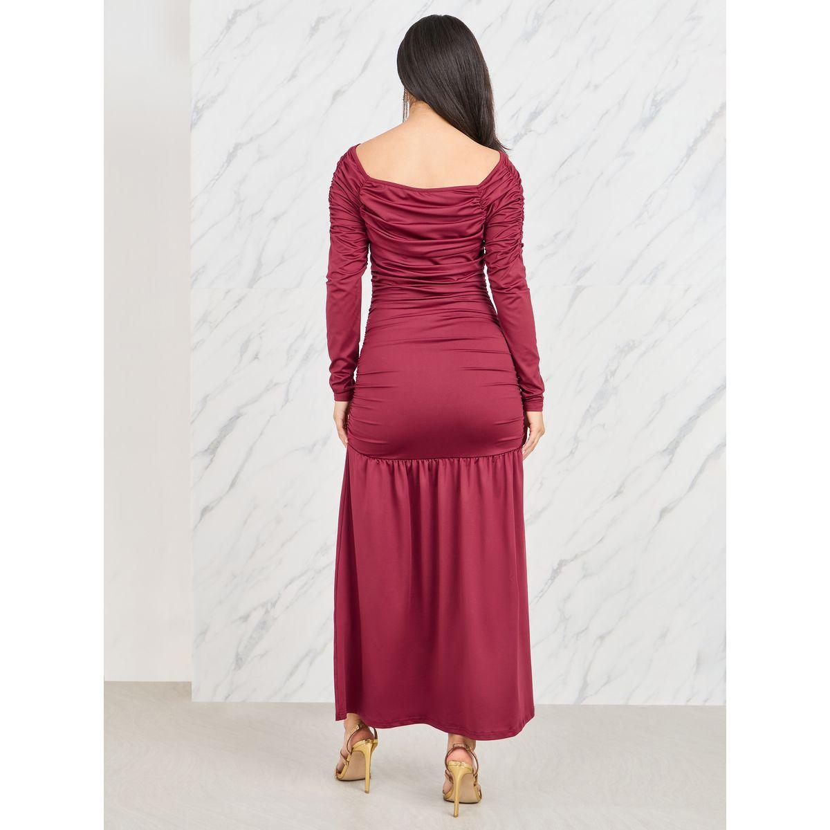 فستان طويل بياقة واسعة وتفاصيل مزمومة-women-clothing-dresses-image-4