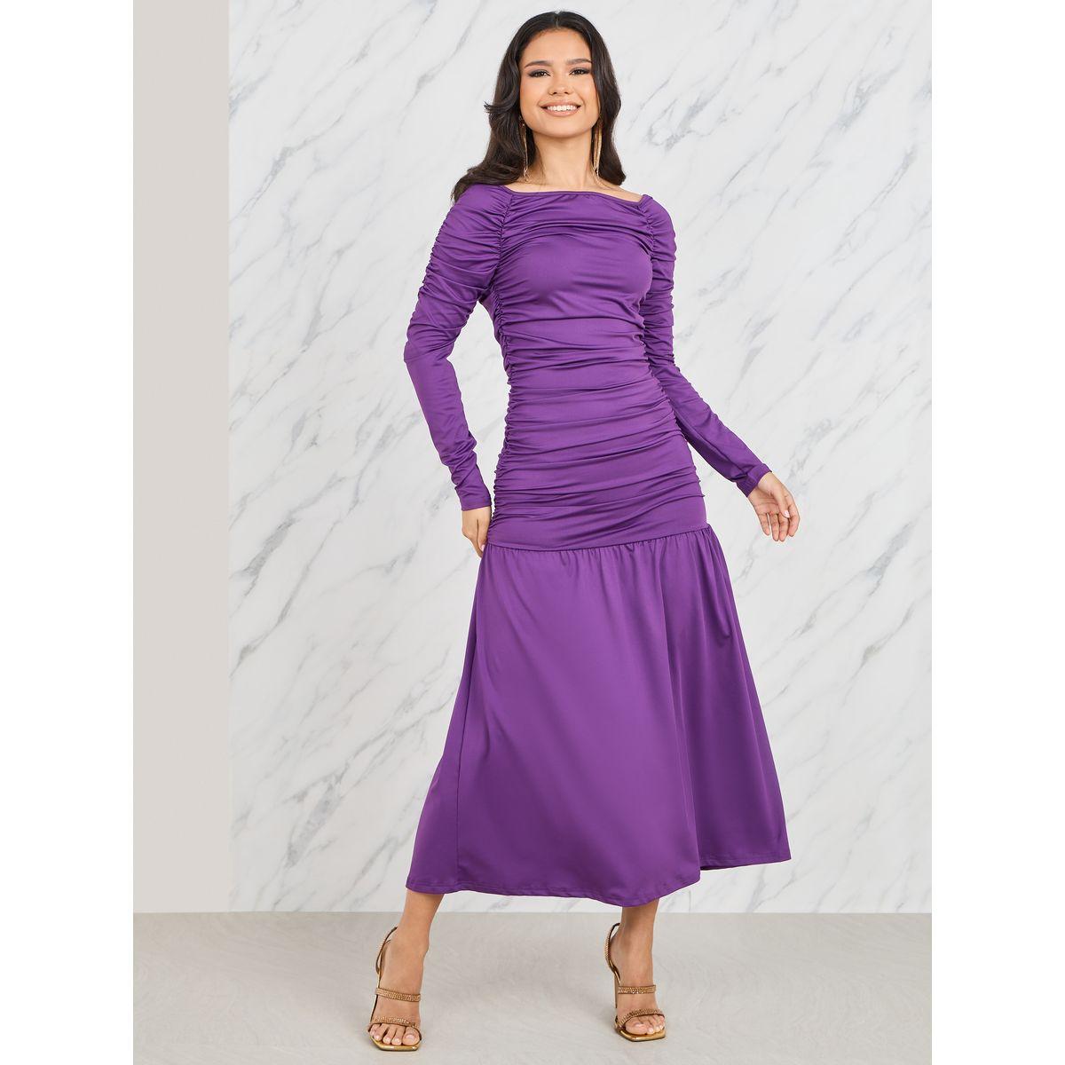 فستان طويل بياقة واسعة وتفاصيل مزمومة-women-clothing-dresses-image-1